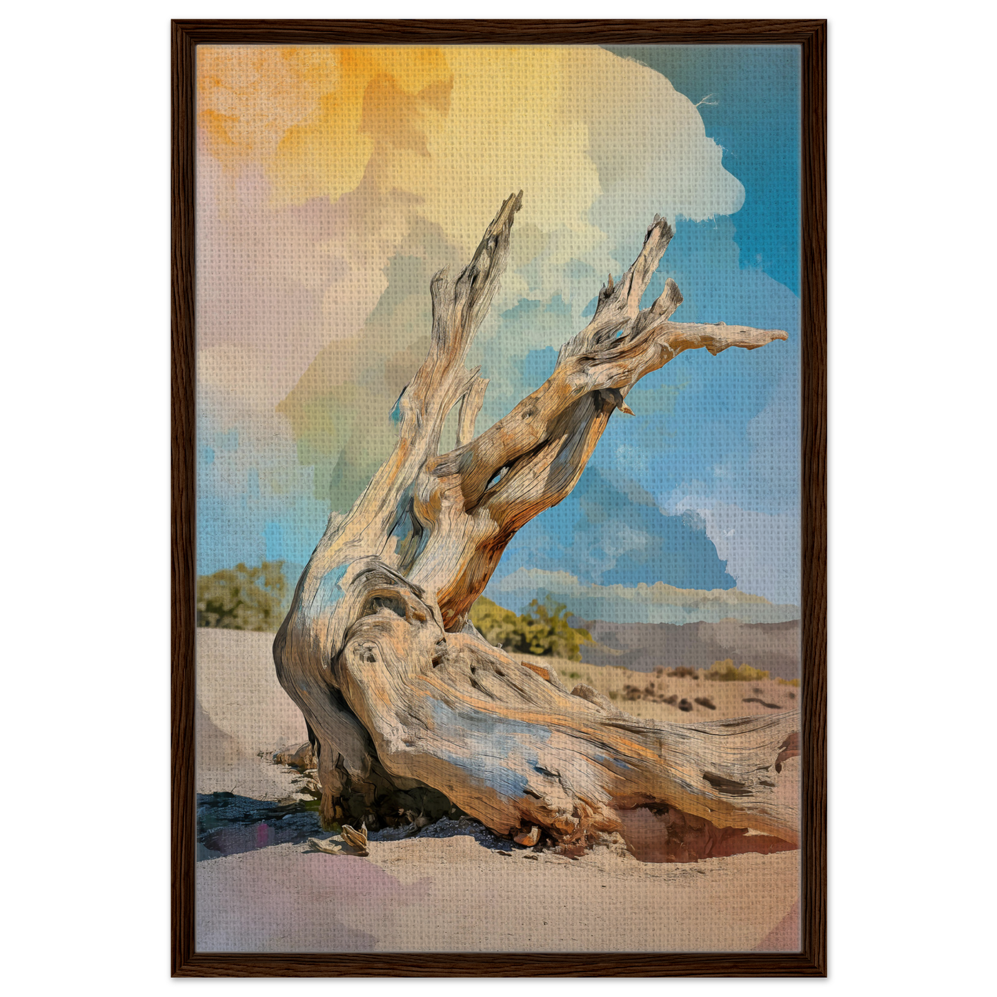 Gnarled tree trunk with twisted branches in Driftwood Sky-Surge framed canvas room decor