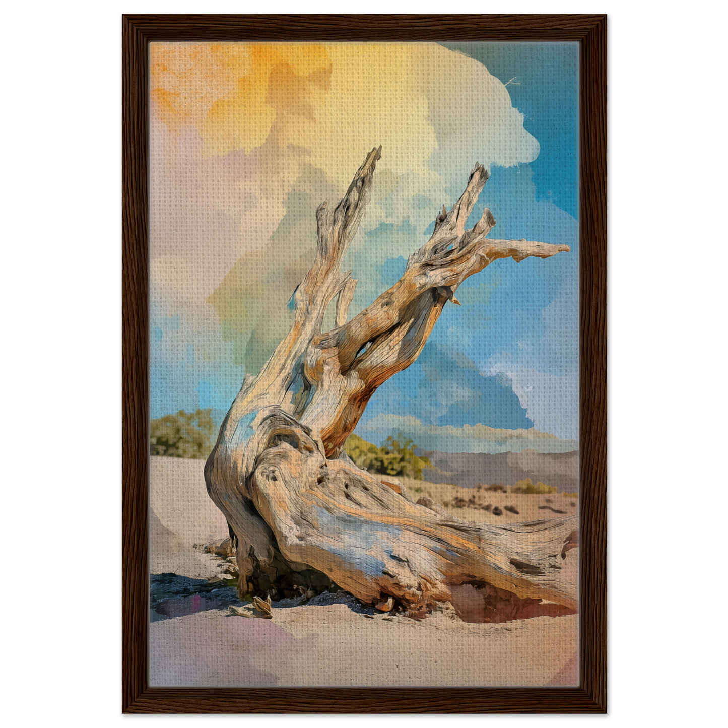 Gnarled tree stump with twisted branches in Driftwood Sky-Surge framed canvas room decor