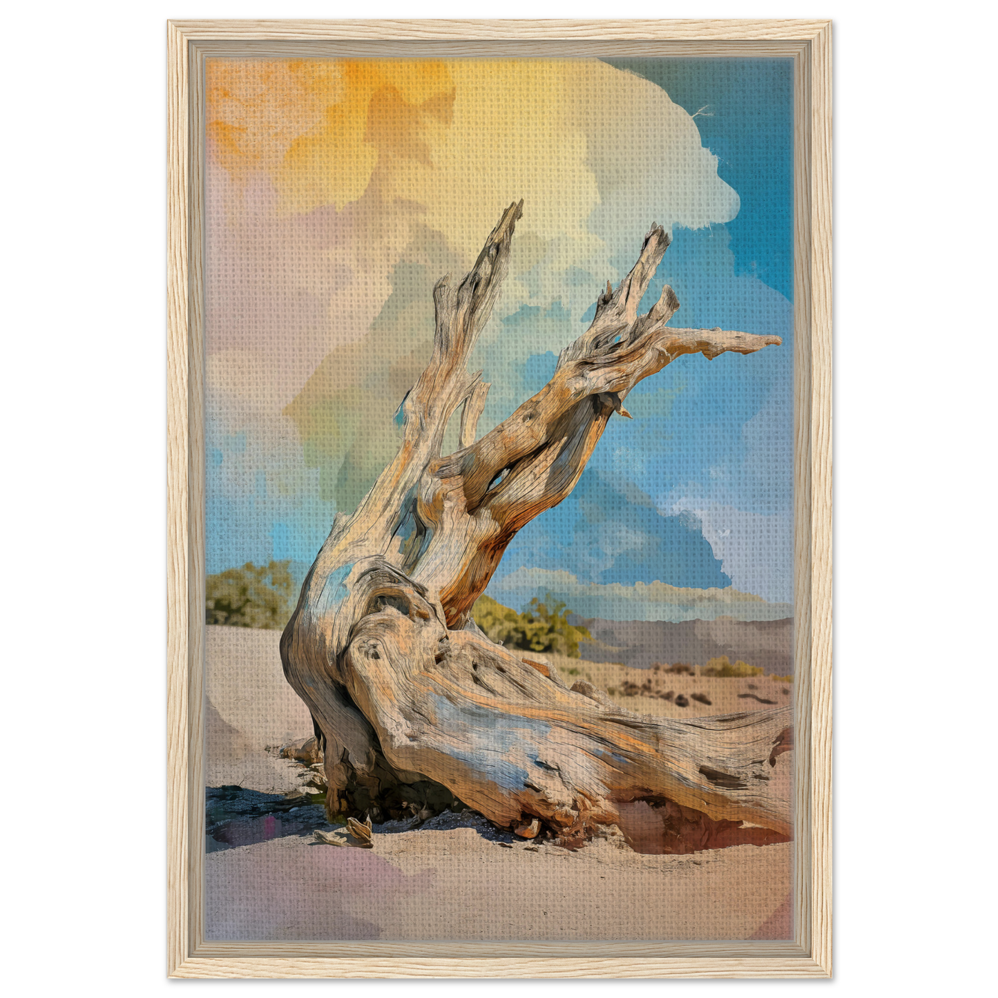 Gnarled tree stump with twisted branches in Driftwood Sky-Surge framed canvas print