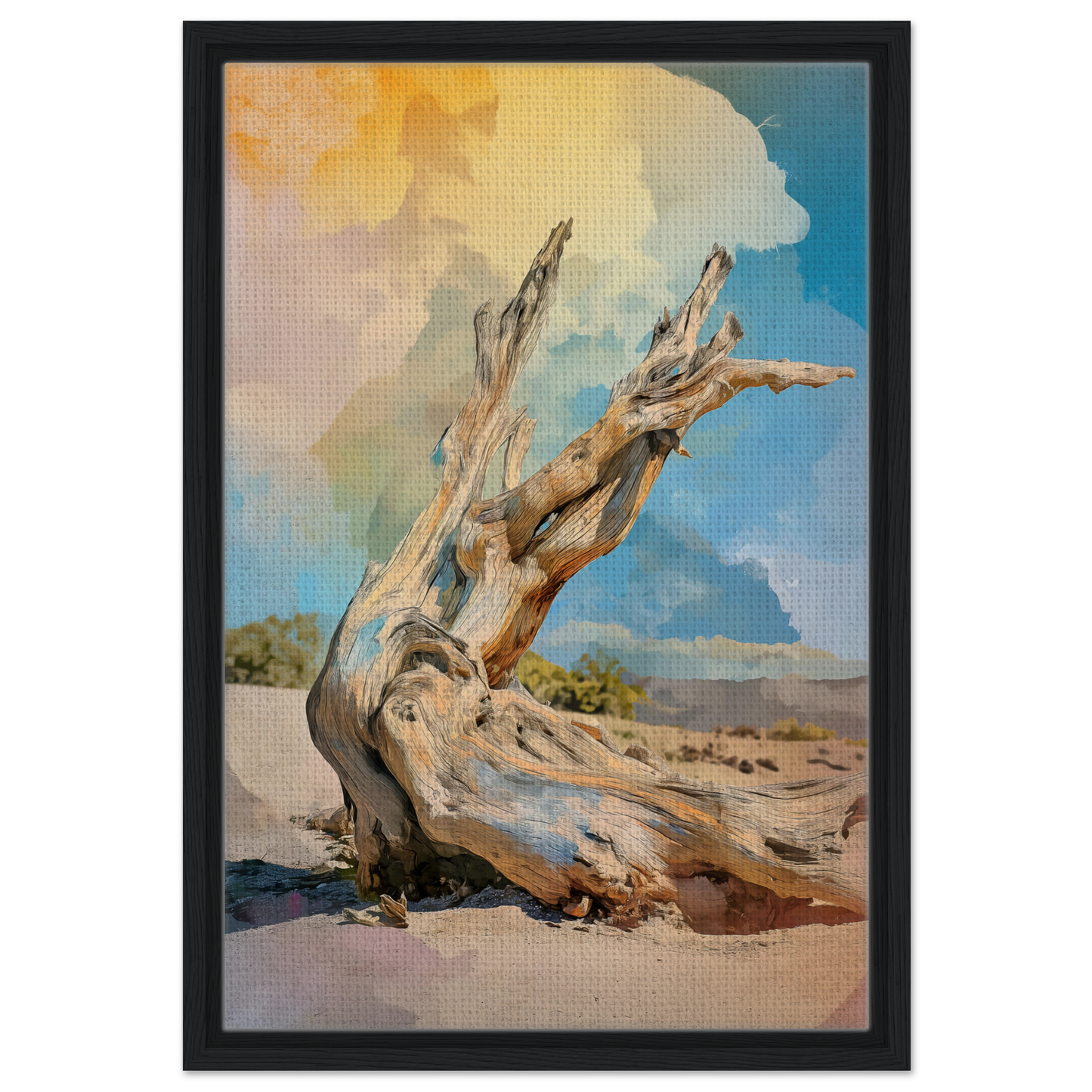 Gnarled tree stump with twisted branches in Driftwood Sky-Surge framed canvas print