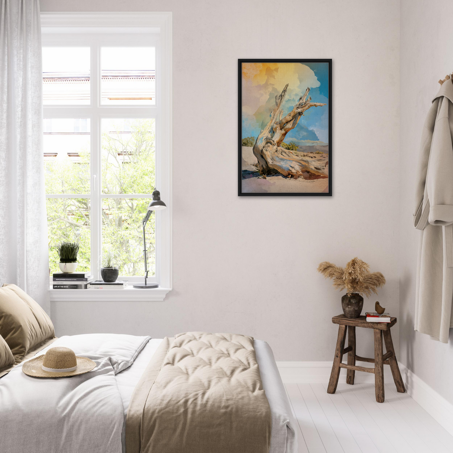 Bright, airy bedroom showcasing a Driftwood Sky-Surge framed canvas print on the wall