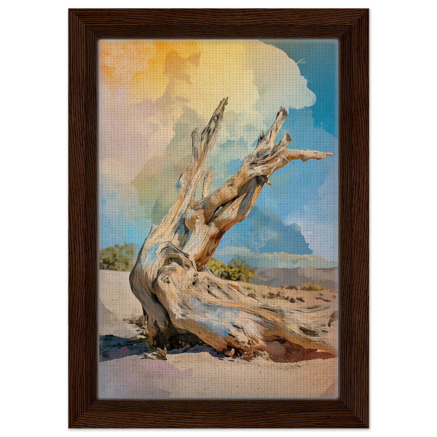 Twisted driftwood on sandy surface in Driftwood Sky-Surge framed canvas print
