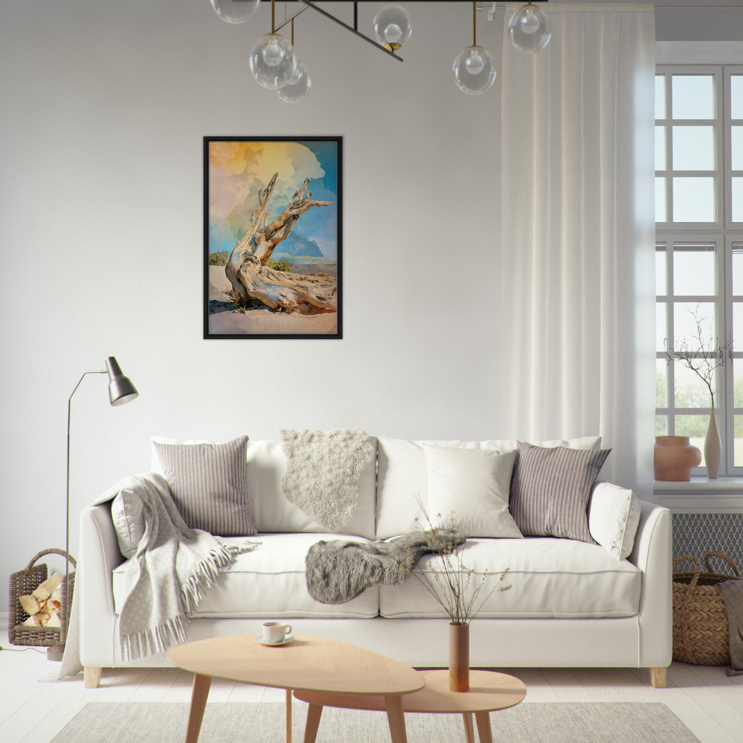 Elegant white sofa with throw pillows and blankets in Driftwood Sky-Surge room decor