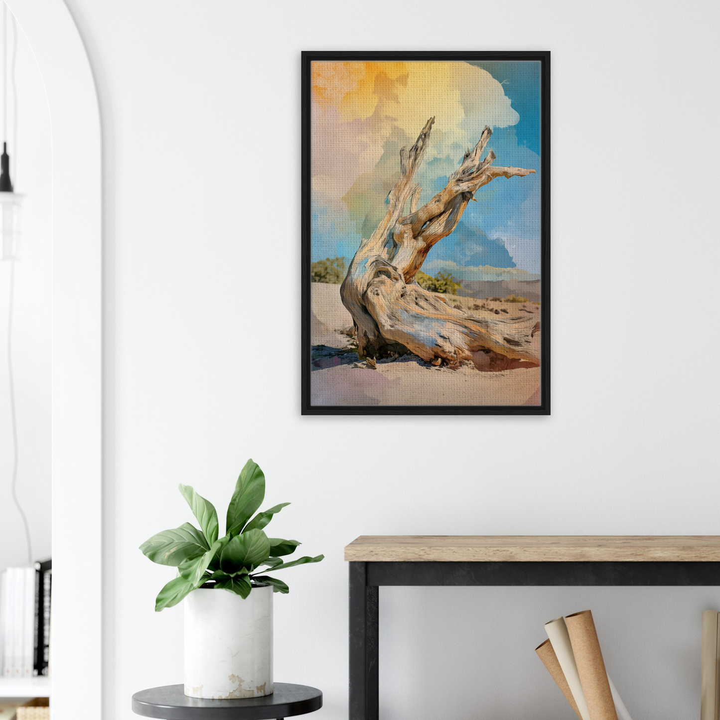 Framed canvas print of a gnarled tree in a desert landscape by Driftwood Sky-Surge