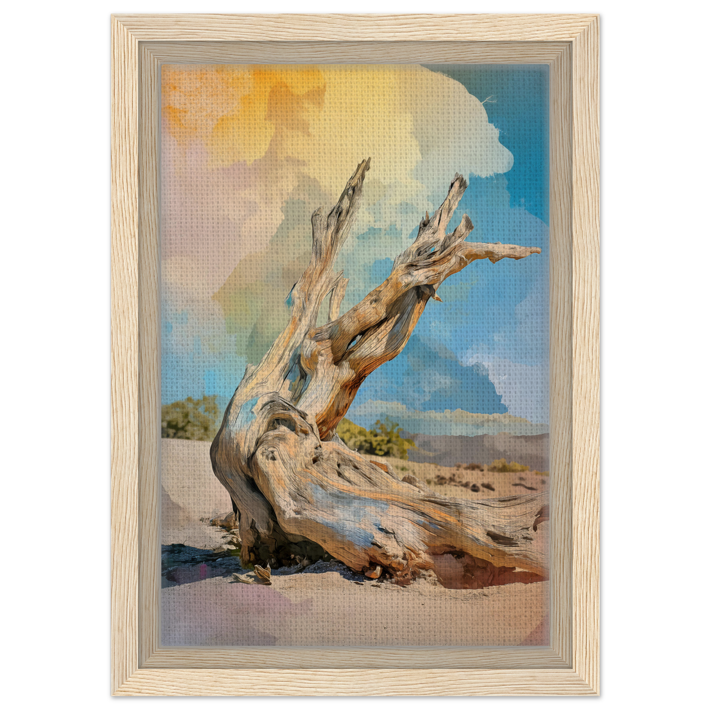 Twisted driftwood trunk against a colorful sky in Driftwood Sky-Surge framed canvas
