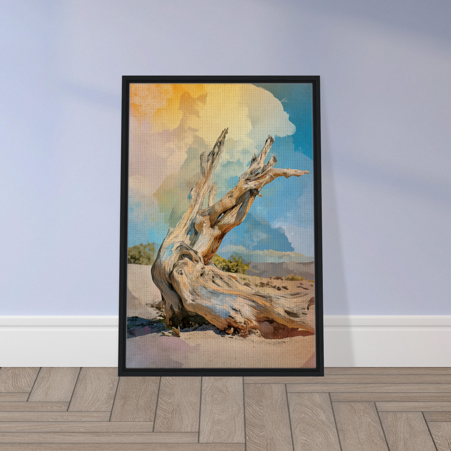 Framed Driftwood Sky-Surge canvas featuring a gnarled tree trunk against a colorful sky