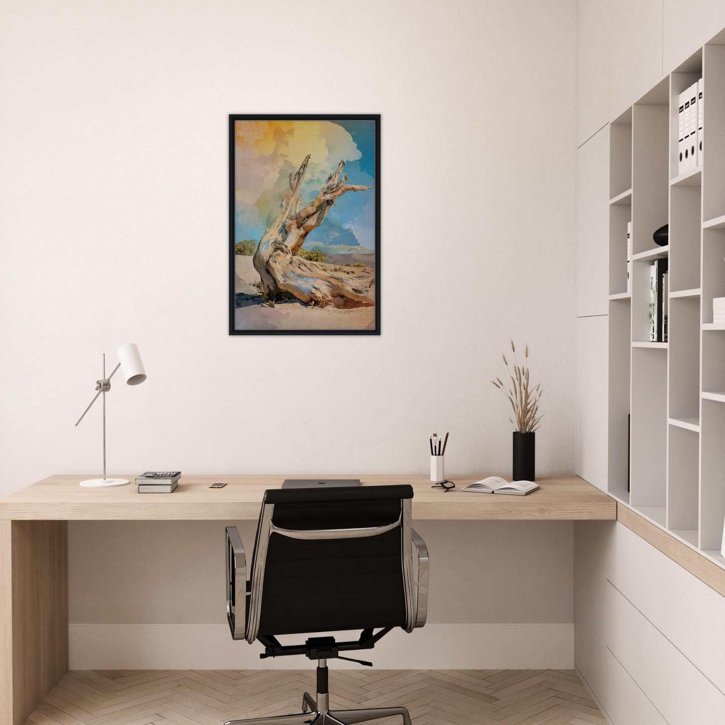 Minimalist home office featuring Driftwood Sky-Surge framed canvas and stylish wooden desk