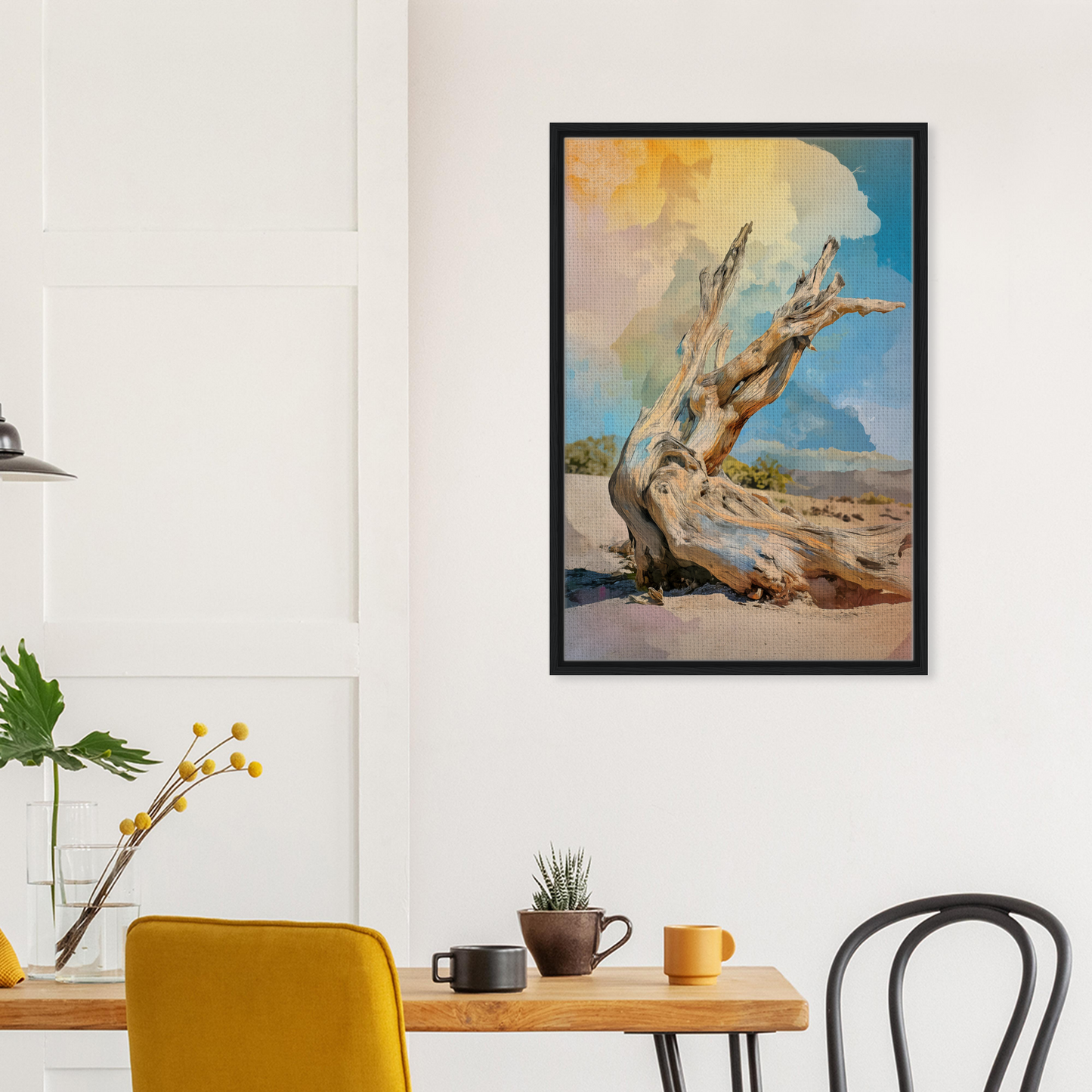 Framed canvas print featuring a gnarled tree against a vibrant sky in Driftwood Sky-Surge