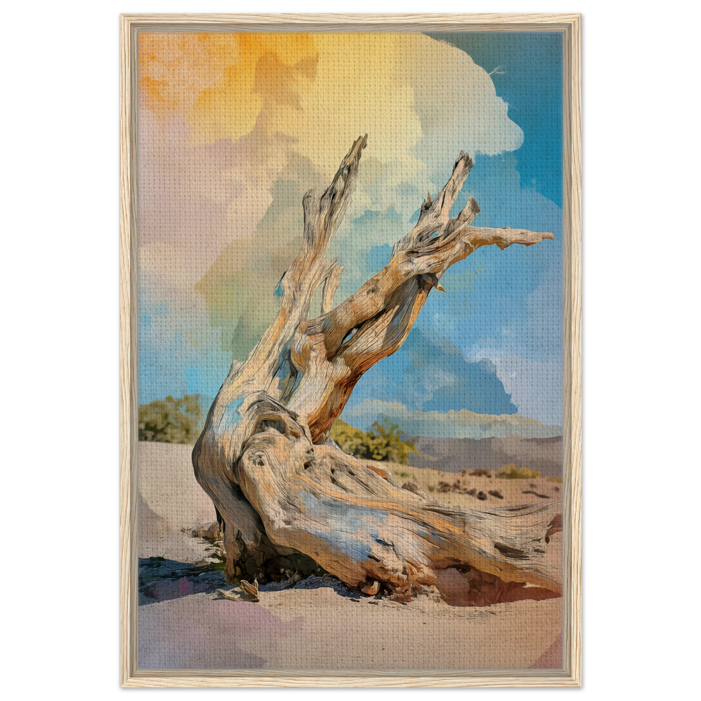 Gnarled driftwood tree trunk with twisted branches against a colorful sky in Driftwood Sky-Surge