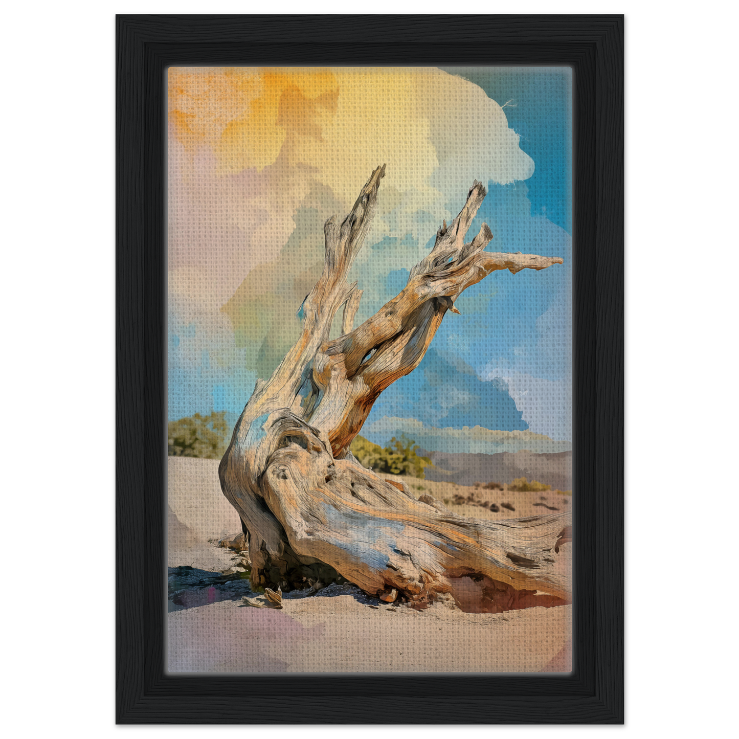 Twisted weathered driftwood on sand featured in Driftwood Sky-Surge framed canvas