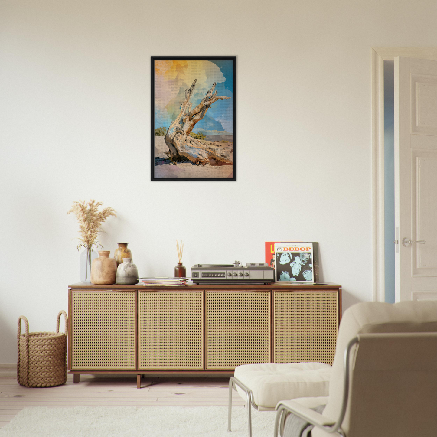 Wooden sideboard with rattan-style front panels for Driftwood Sky-Surge room decor