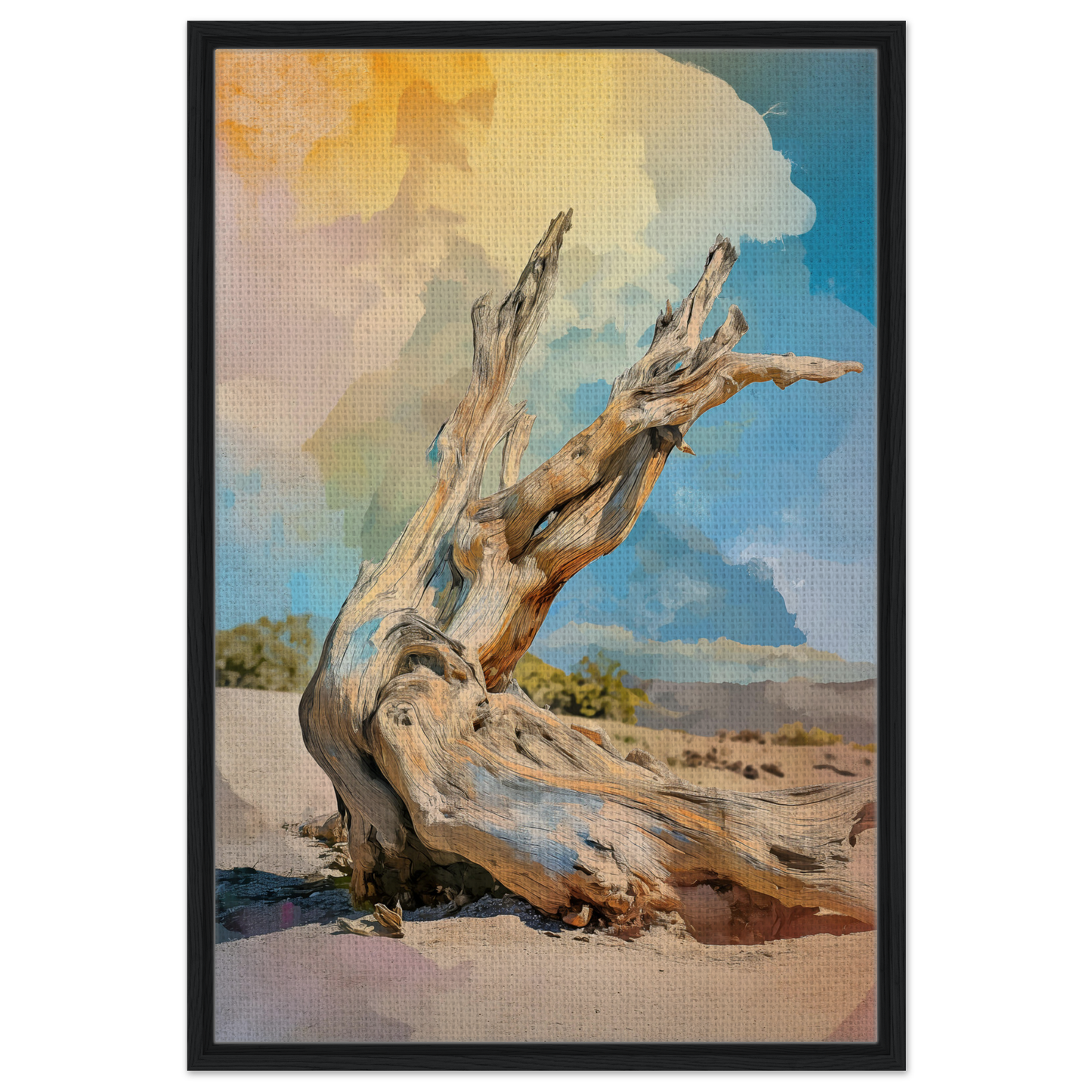 Twisted driftwood on sand, highlighting Driftwood Sky-Surge framed room decor