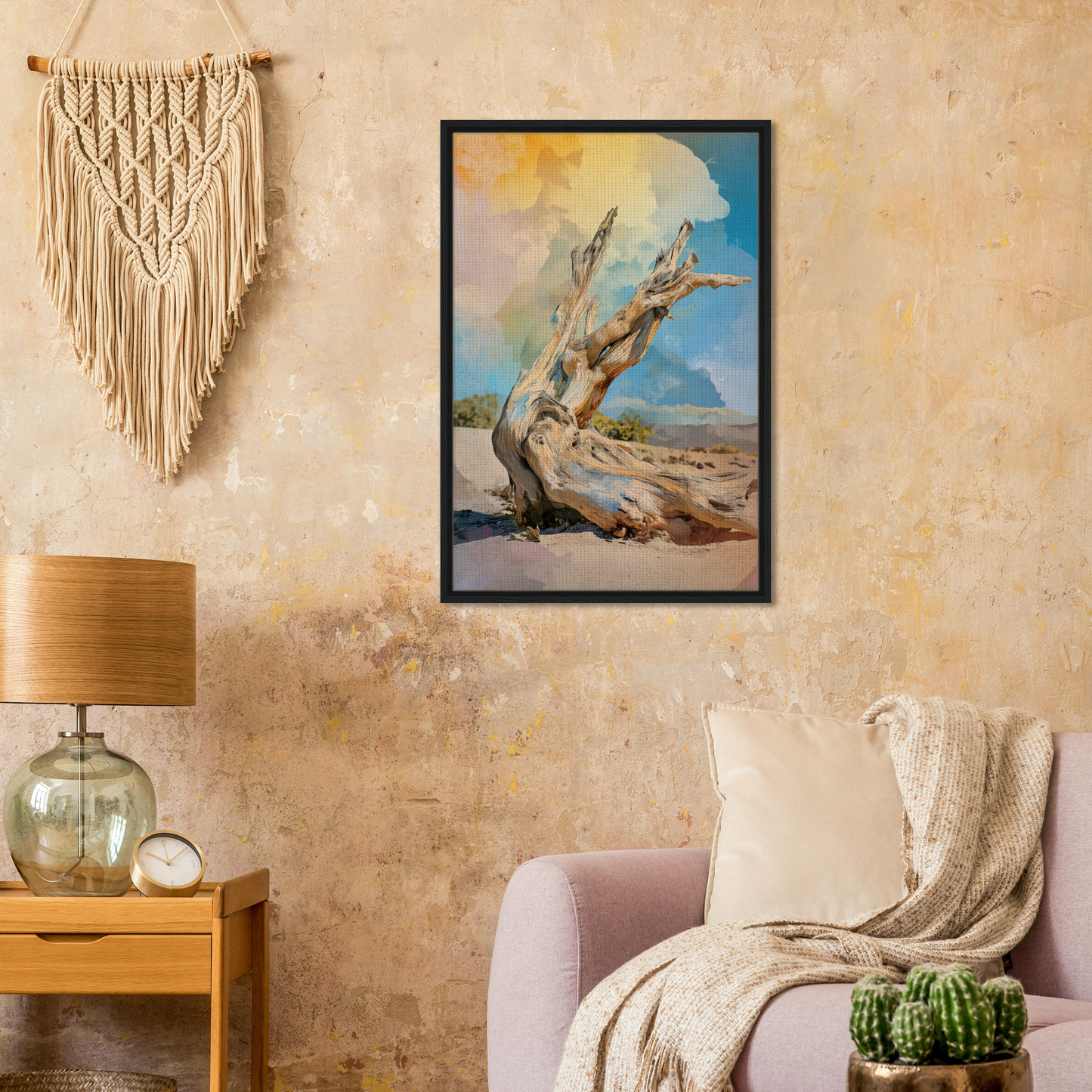 Framed painting of a gnarled tree in desert, part of Driftwood Sky-Surge room decor
