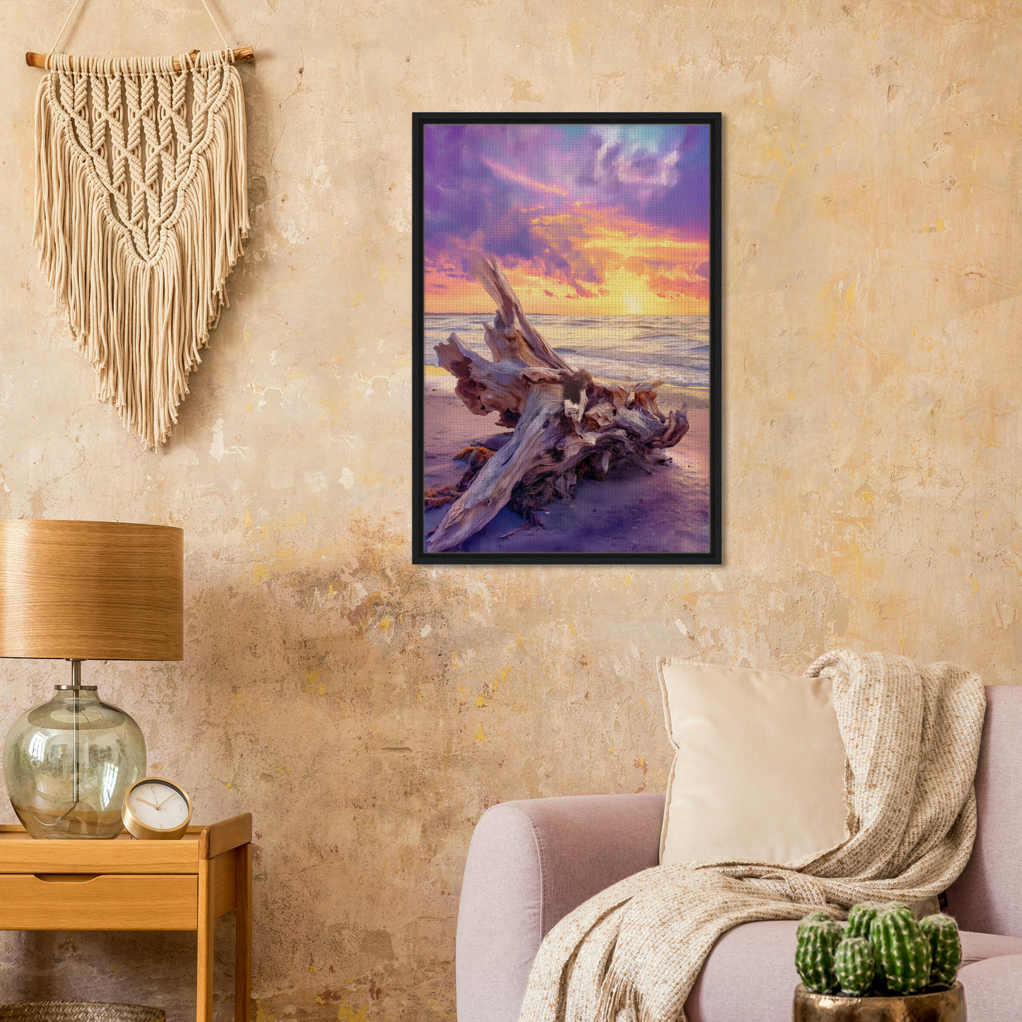 Framed painting of Driftwood’s Sunset Reverie enhancing room decor with beach views