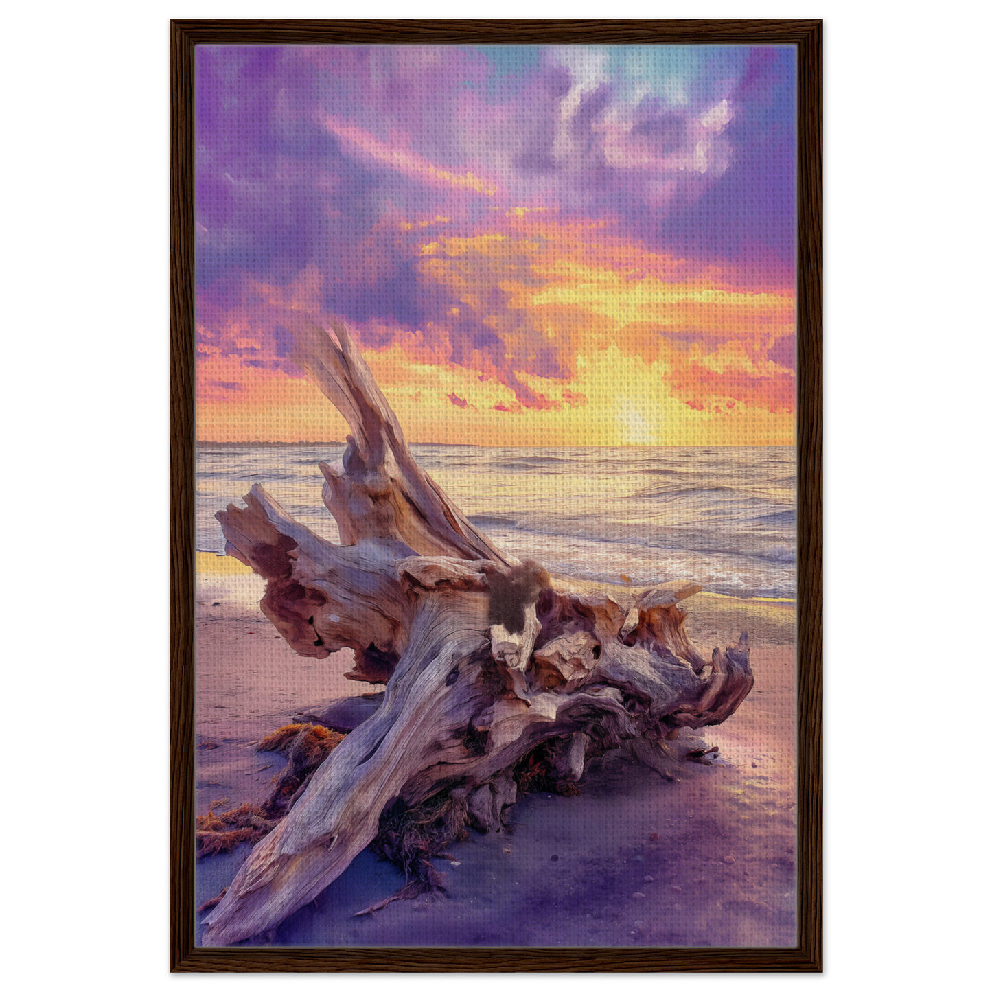 Weathered driftwood log at sunset, perfect for Driftwood’s Sunset Reverie room decor