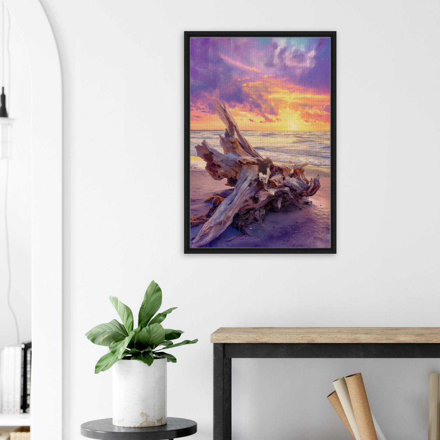 Framed canvas print of Driftwood’s Sunset Reverie featuring driftwood on a beach