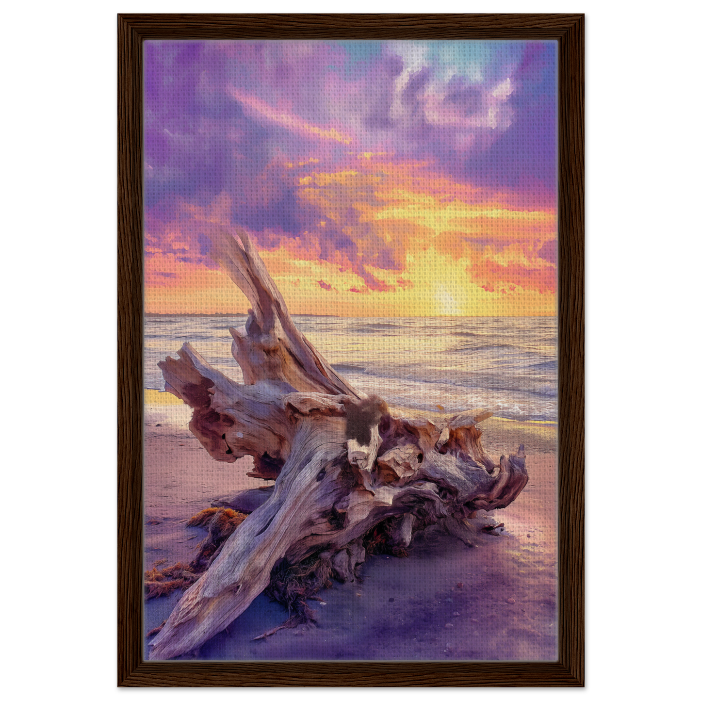 Weathered driftwood on a beach at sunset in Driftwood’s Sunset Reverie framed canvas print