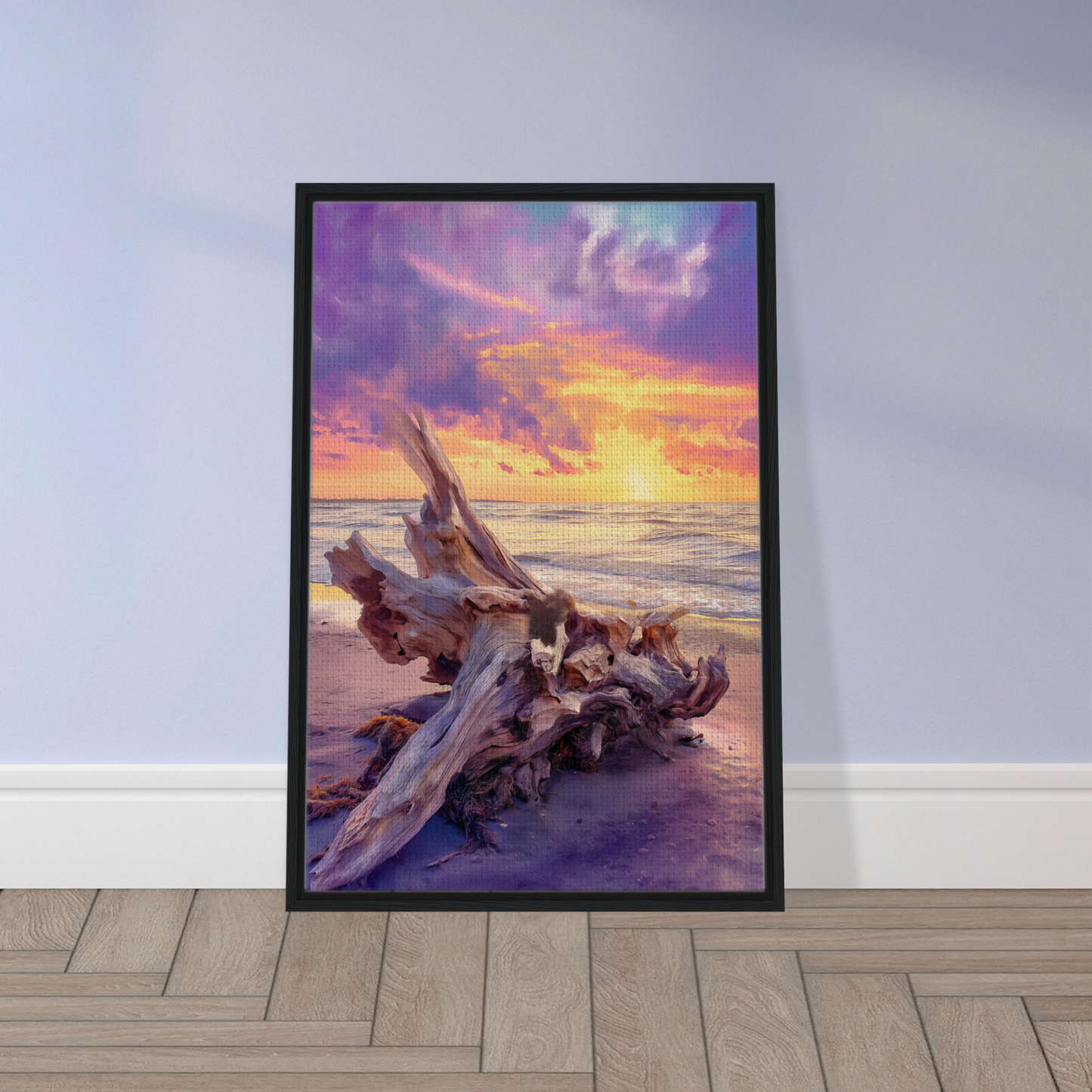 Framed artwork of Driftwood’s Sunset Reverie for elegant room decor on Shopify Planet