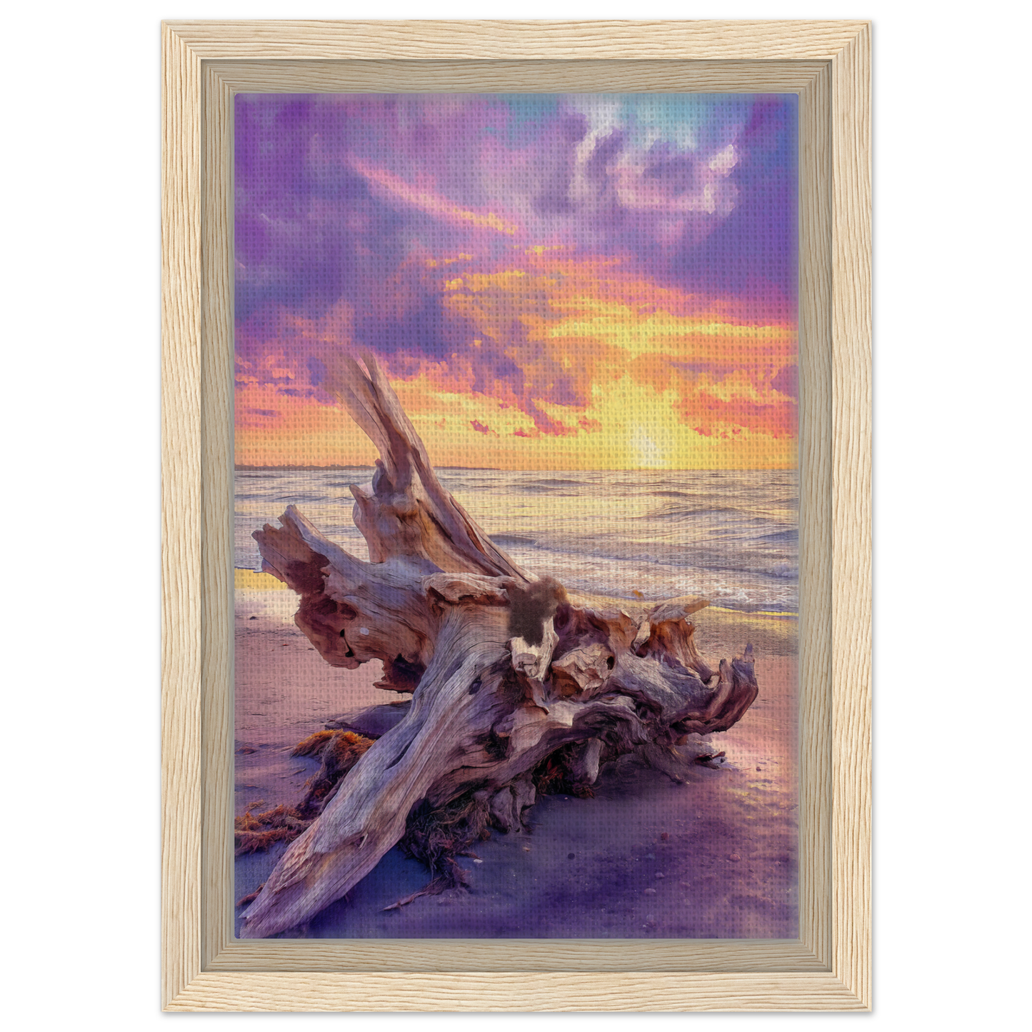Framed canvas print of Driftwood’s Sunset Reverie on a beach at sunset