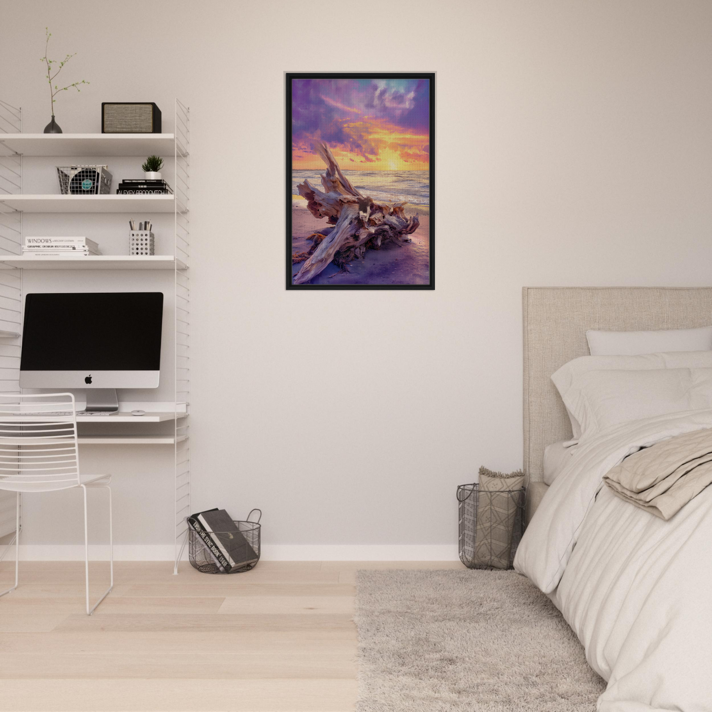 Framed canvas print of Driftwood’s Sunset Reverie featuring colorful sunset and airplane silhouette