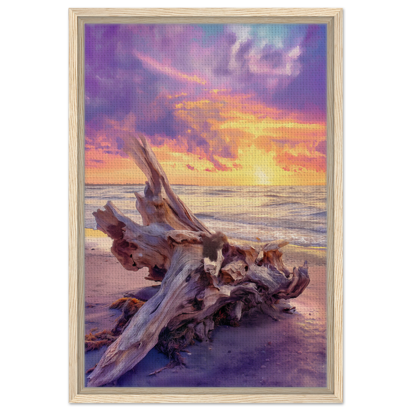 Weathered driftwood on a beach at sunset in Driftwood’s Sunset Reverie framed canvas print