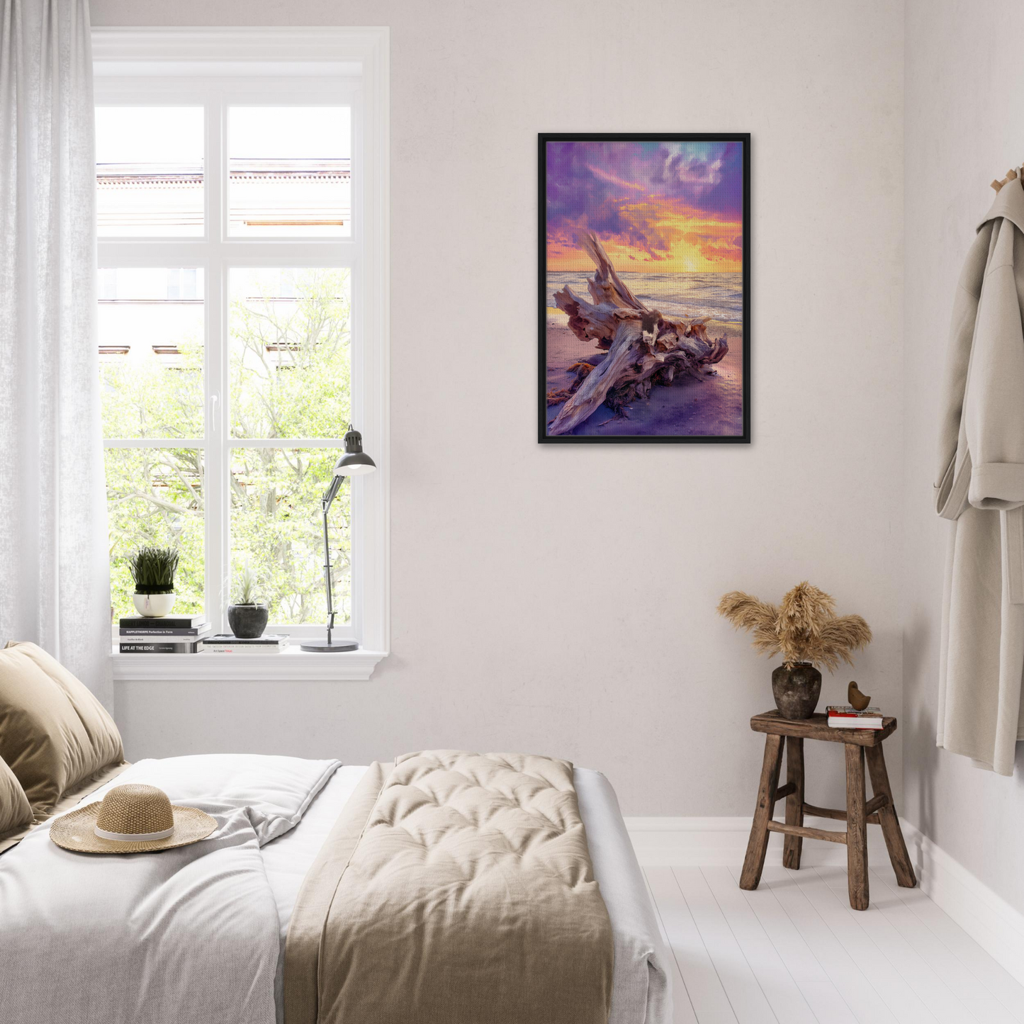 Framed painting of a shipwreck at sunset, perfect for Driftwood’s Sunset Reverie room decor