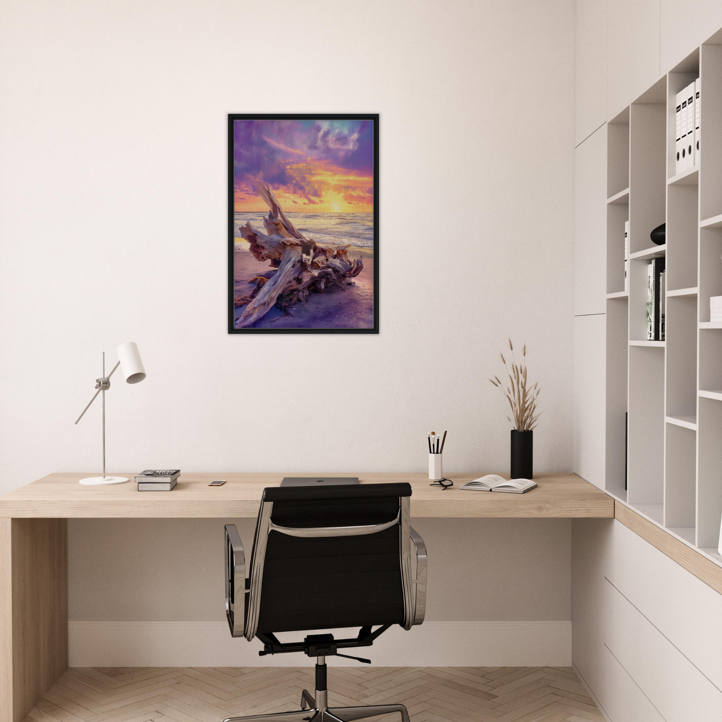 Framed canvas print of a fighter jet in Driftwood’s Sunset Reverie