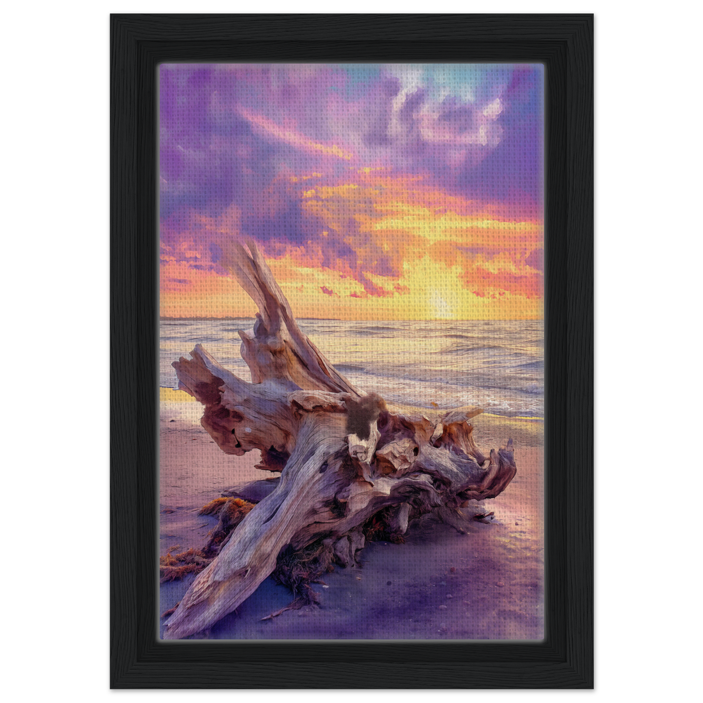 Driftwood’s Sunset Reverie: Serene piece of driftwood at sunset for elegant room decor