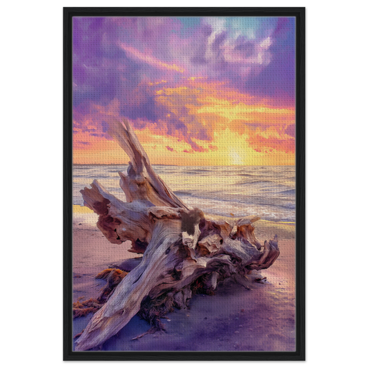 Weathered driftwood log at sunset featured in Driftwood’s Sunset Reverie framed canvas print