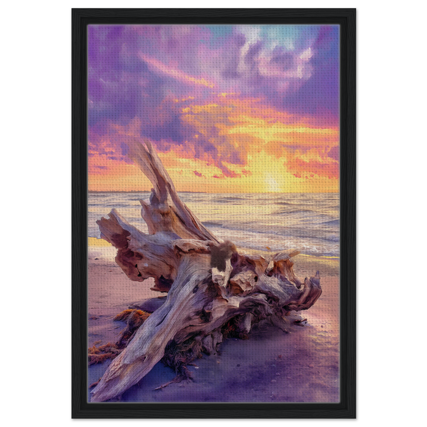 Driftwood on a beach at sunset for Driftwood’s Sunset Reverie framed canvas print