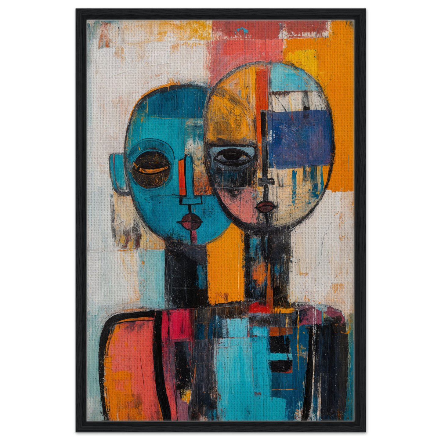 Abstract painting of overlapping faces in vibrant colors on Dual Serenity Canvas