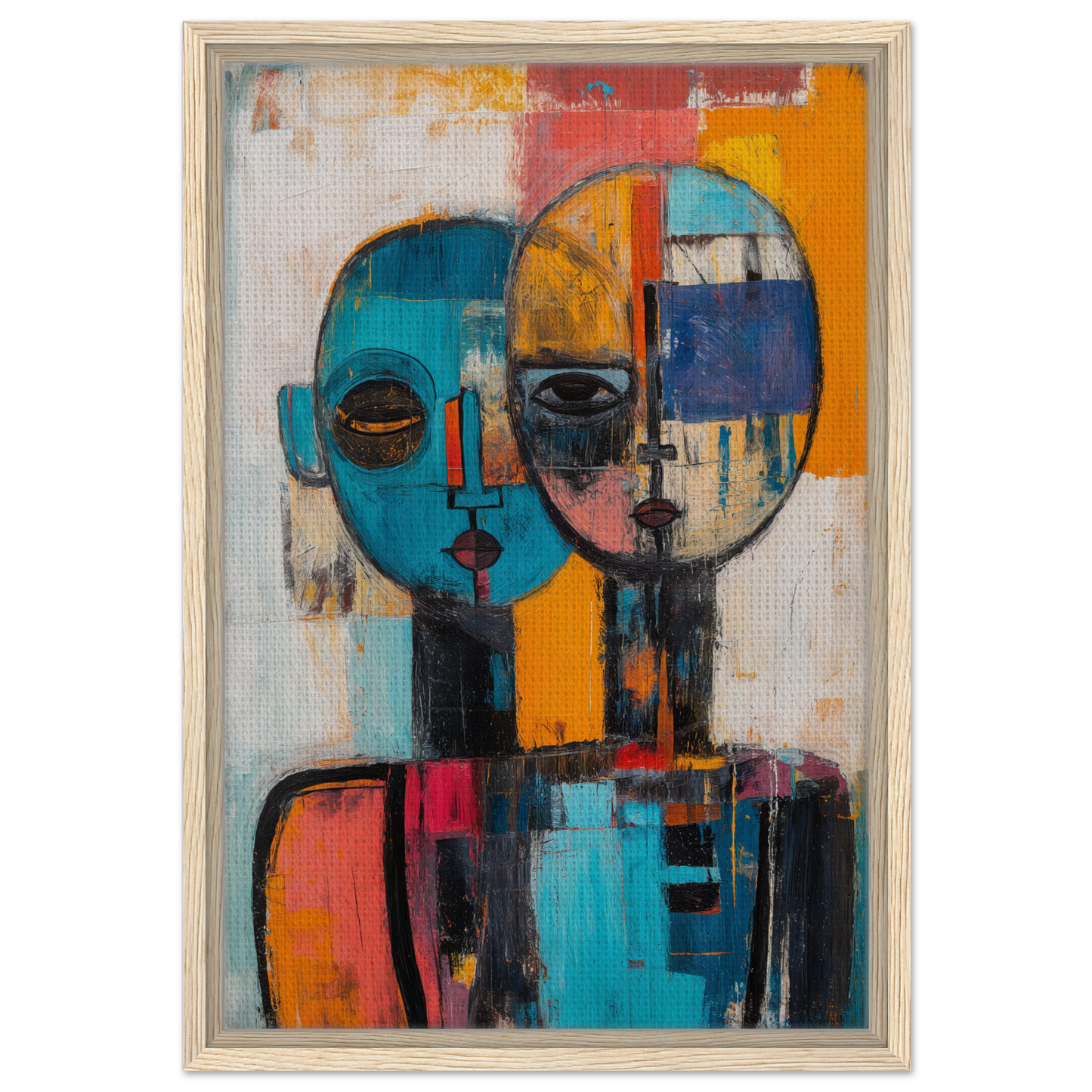Abstract painting of merged faces in vibrant colors on Dual Serenity Canvas for room decor