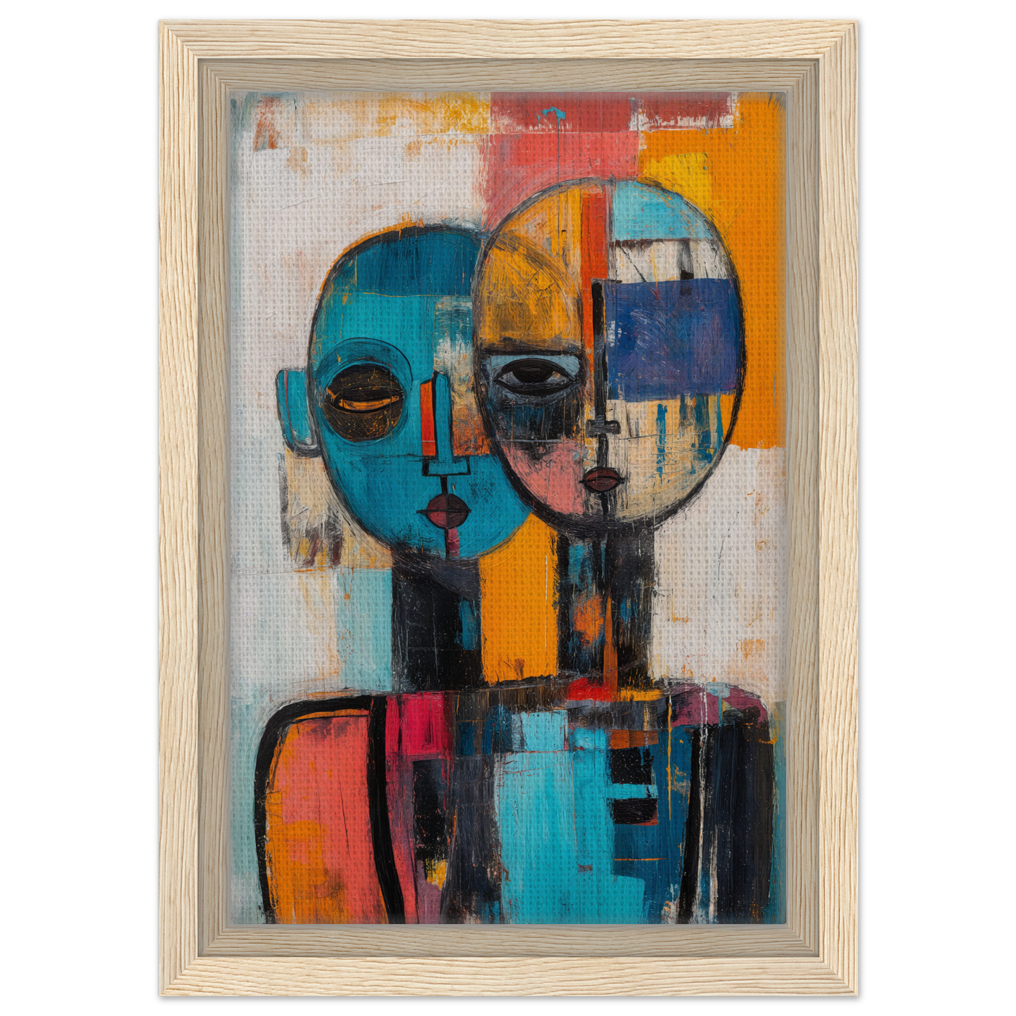 Abstract painting of merged faces in bold colors on Dual Serenity Canvas for elegant room decor