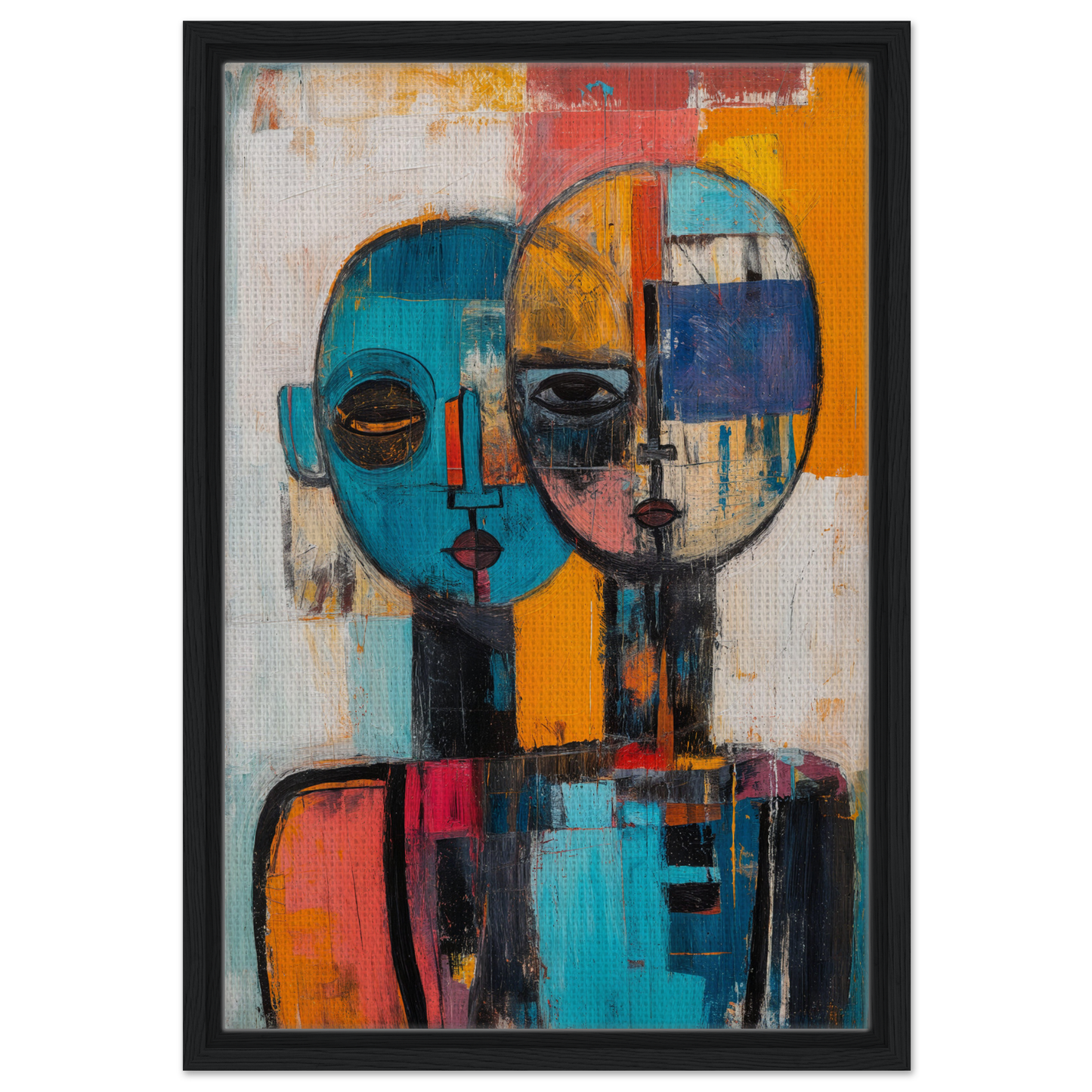 Abstract painting of a geometric face in vibrant colors for Dual Serenity Canvas room decor