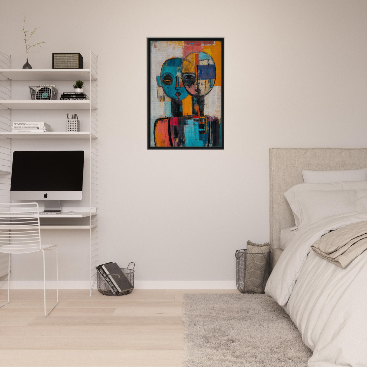 Abstract painting of colorful geometric shapes resembling faces on Dual Serenity Canvas