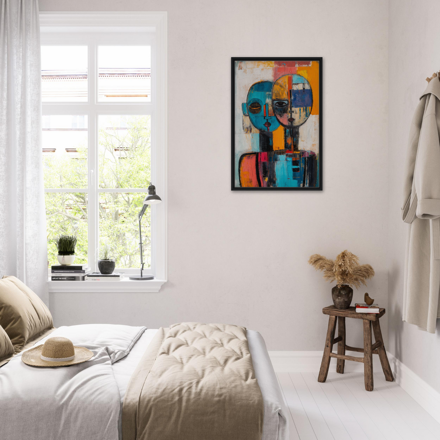 Colorful abstract portrait in black frame as Dual Serenity Canvas for stylish room decor