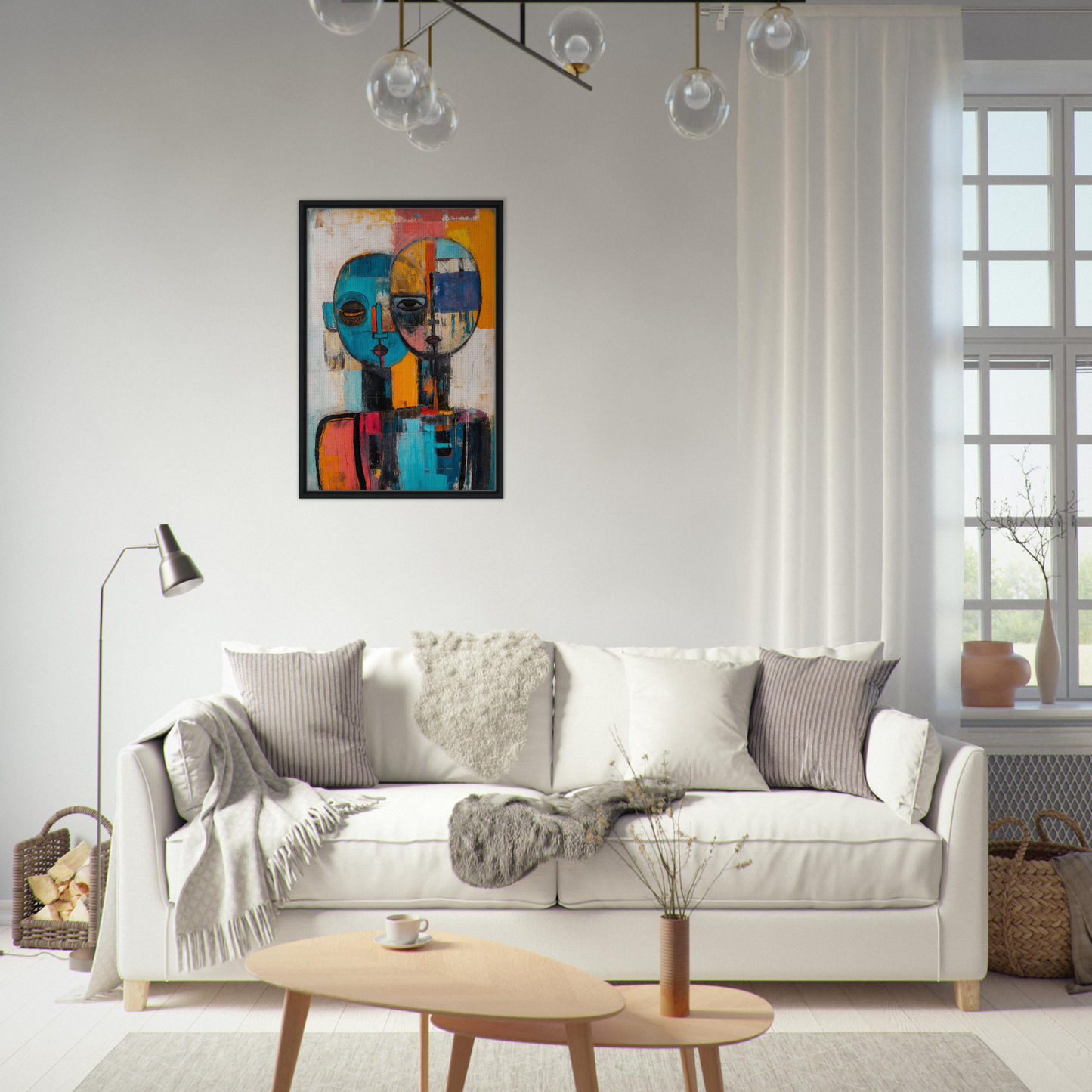 White sofa adorned with throw pillows and blankets, enhancing Dual Serenity Canvas room decor