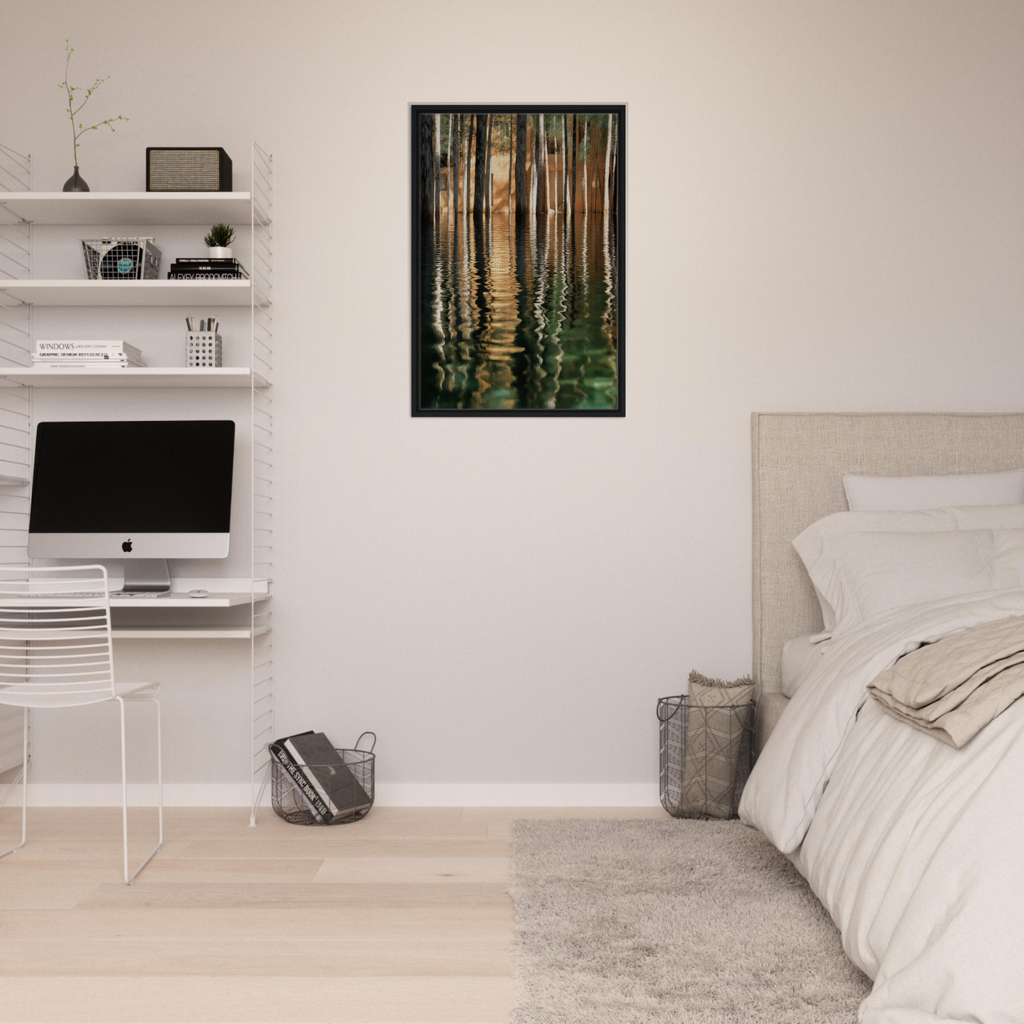Minimalist bedroom showcasing Duality Evolved Sylvan with framed canvas wall art