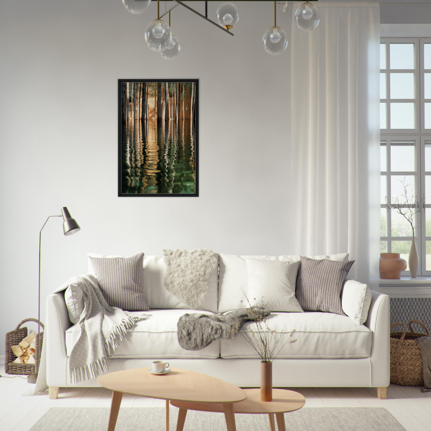 White sofa adorned with throw pillows and blankets from the Duality Evolved Sylvan collection