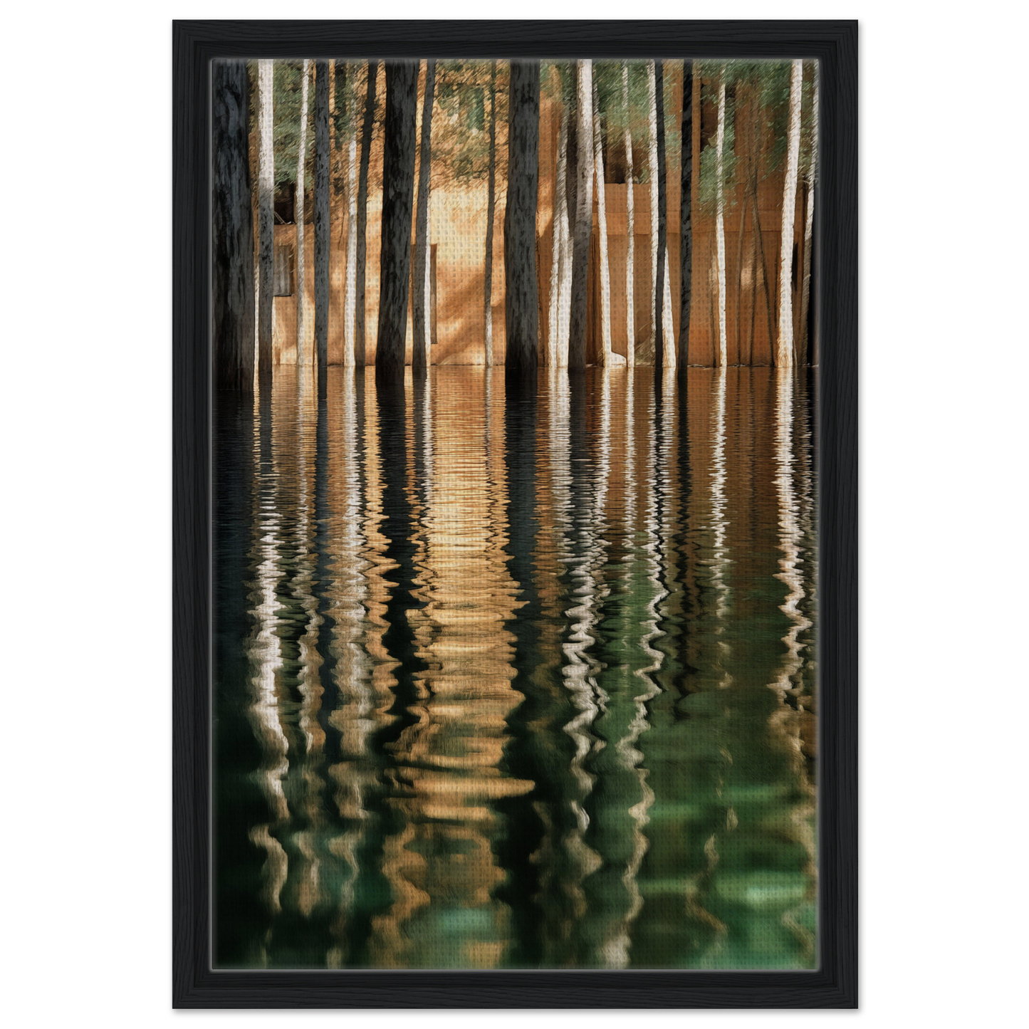 Reflection of tree trunks in calm water on Duality Evolved Sylvan framed canvas wall