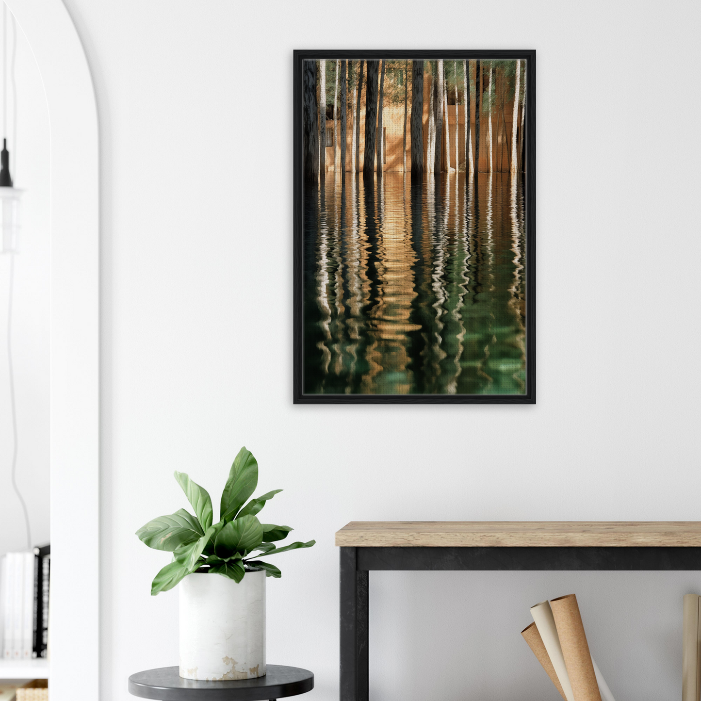 Framed canvas wall art of tree trunks reflecting in water for elegant room decor