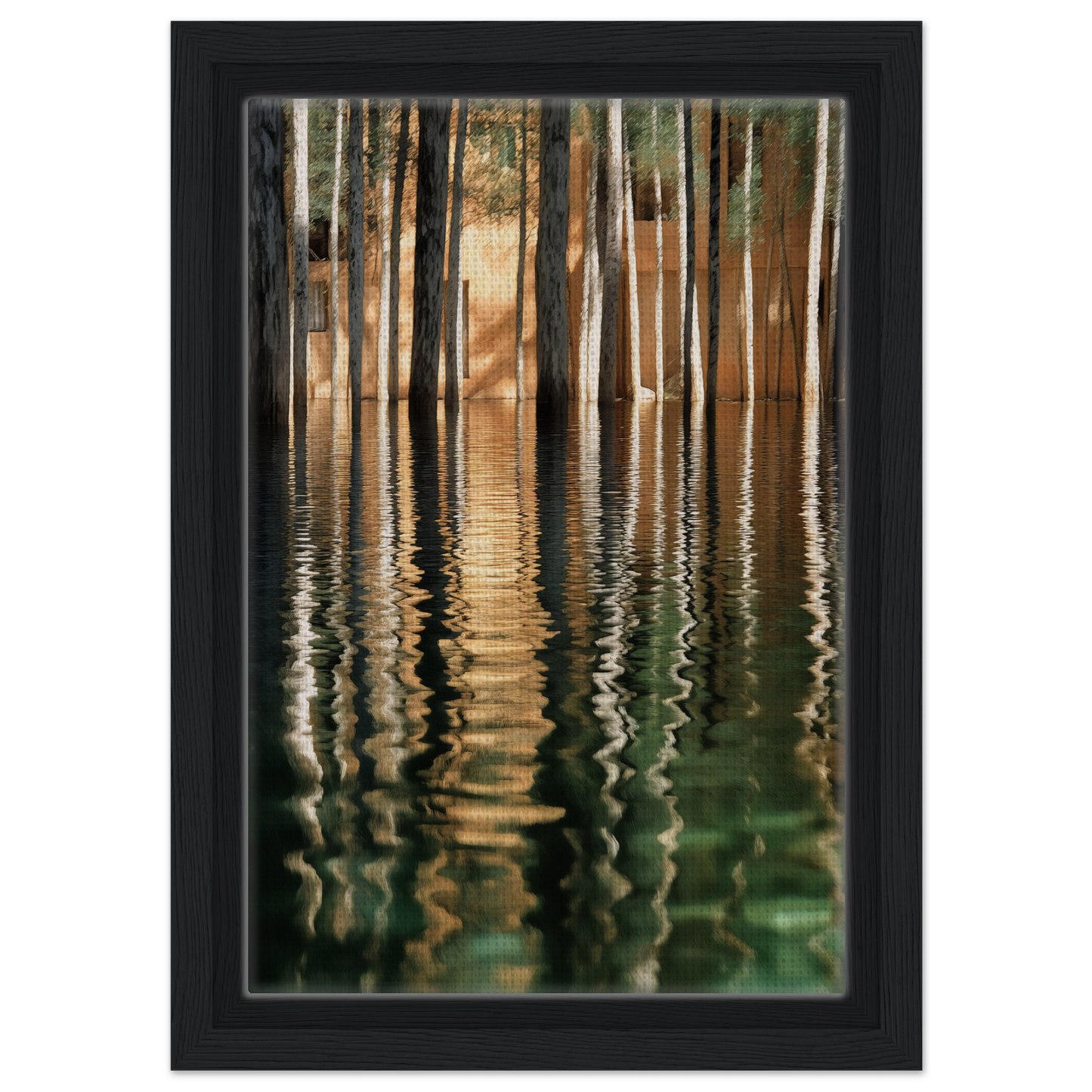 Framed canvas wall art featuring tree reflections in still water, Duality Evolved Sylvan