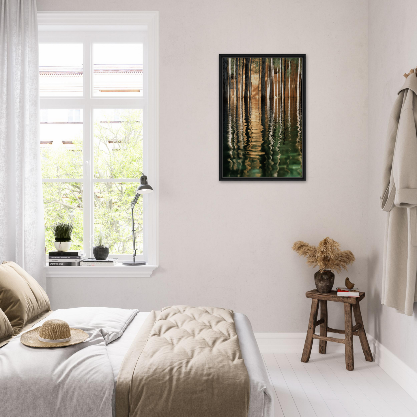 Cozy bedroom featuring Duality Evolved Sylvan framed canvas wall art and a serene decor