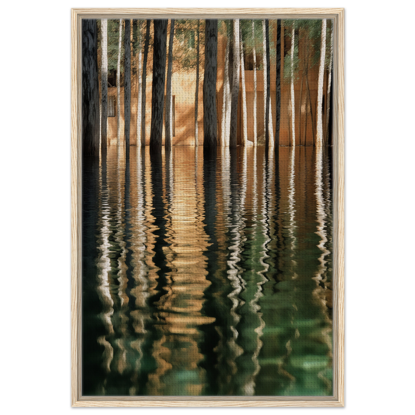 Reflections of tree trunks in calm water on Duality Evolved Sylvan framed canvas print