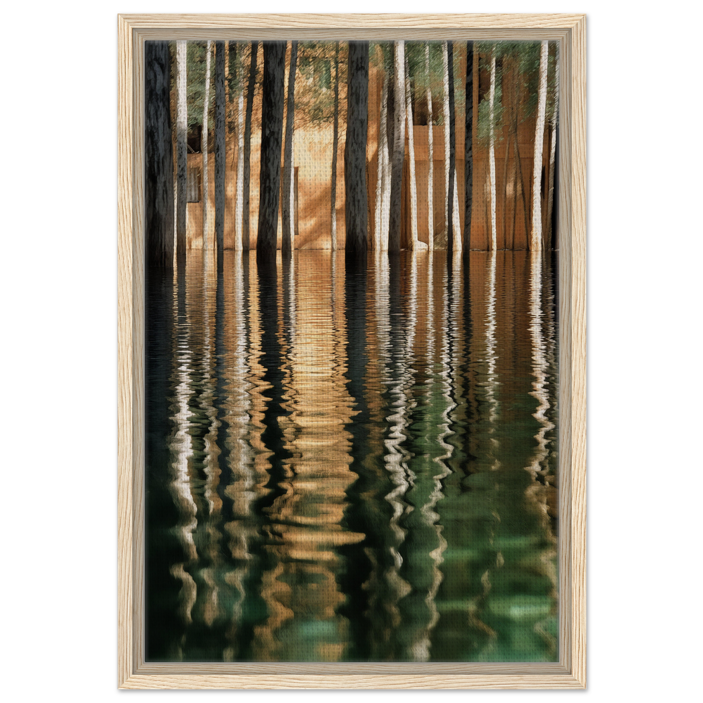 Reflections of tree trunks in still water on Duality Evolved Sylvan framed canvas wall décor