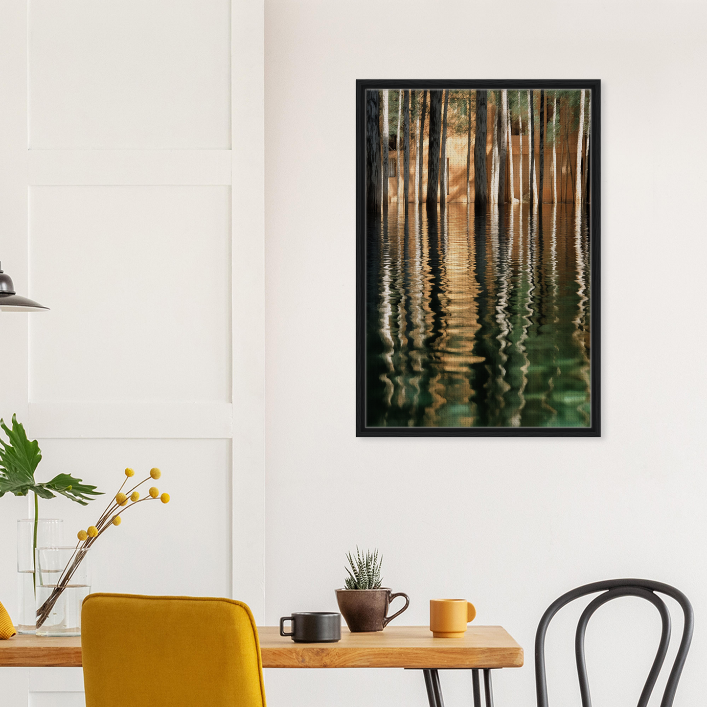Framed canvas wall artwork of tree reflections, ideal for tasteful room decor