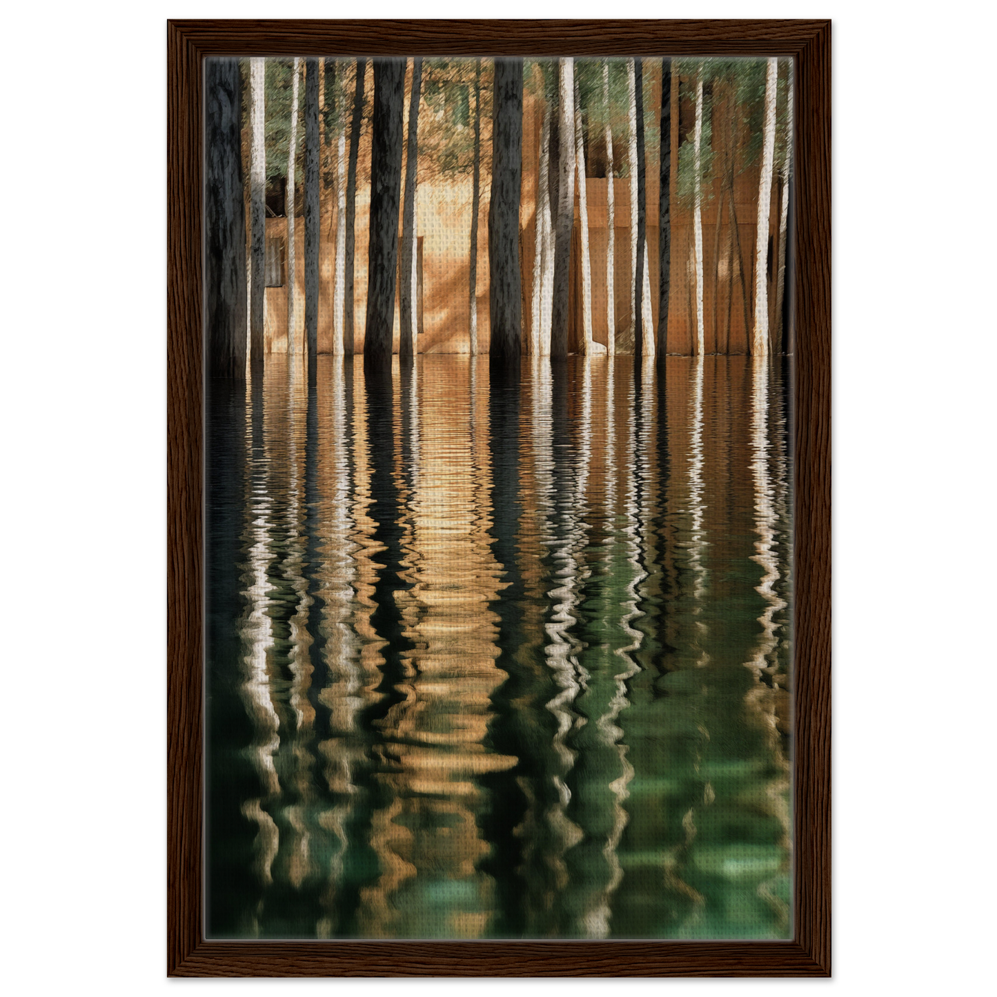 Framed canvas print of tree reflections in still water, Duality Evolved Sylvan artwork