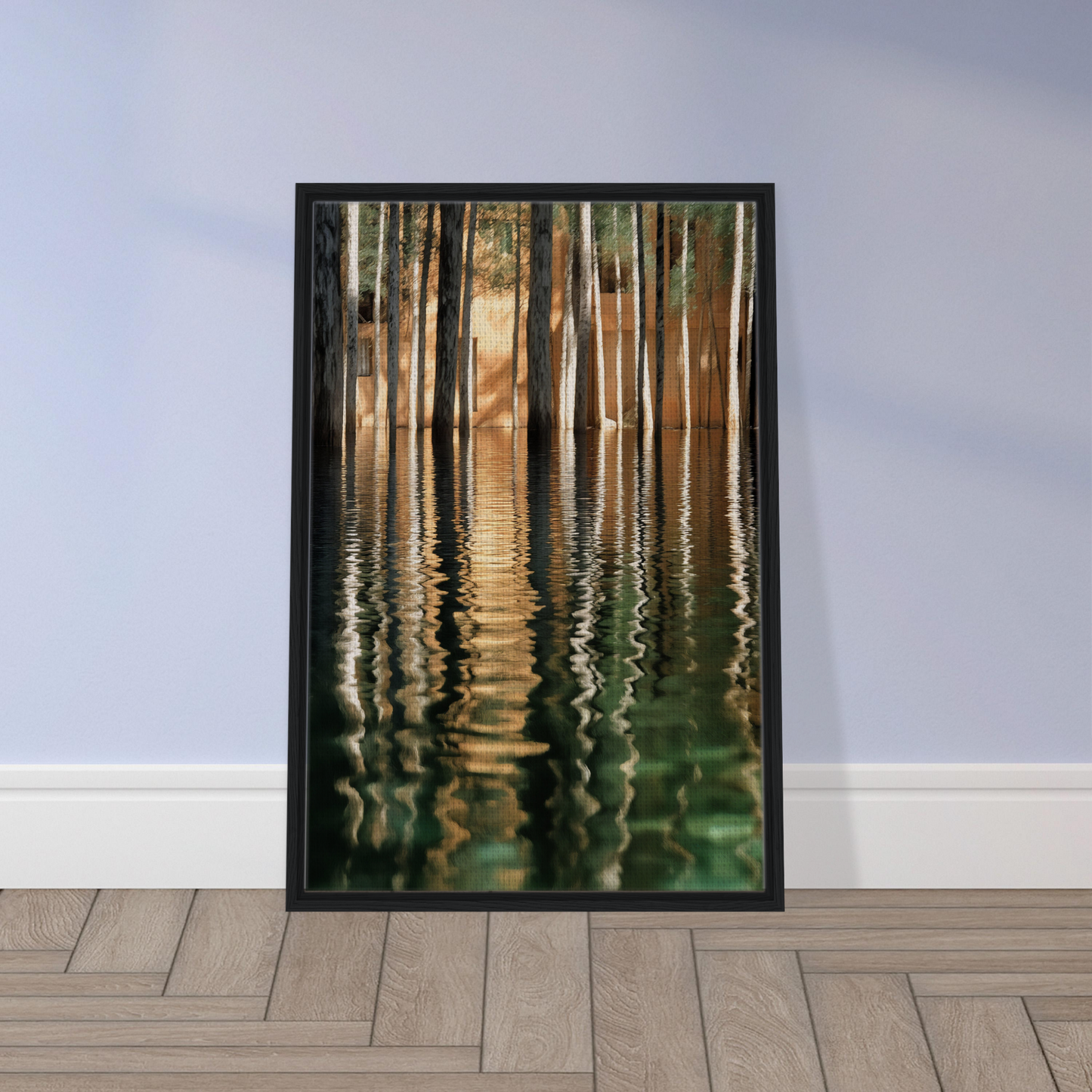 Framed canvas wall art of tree reflections in still water, Duality Evolved Sylvan
