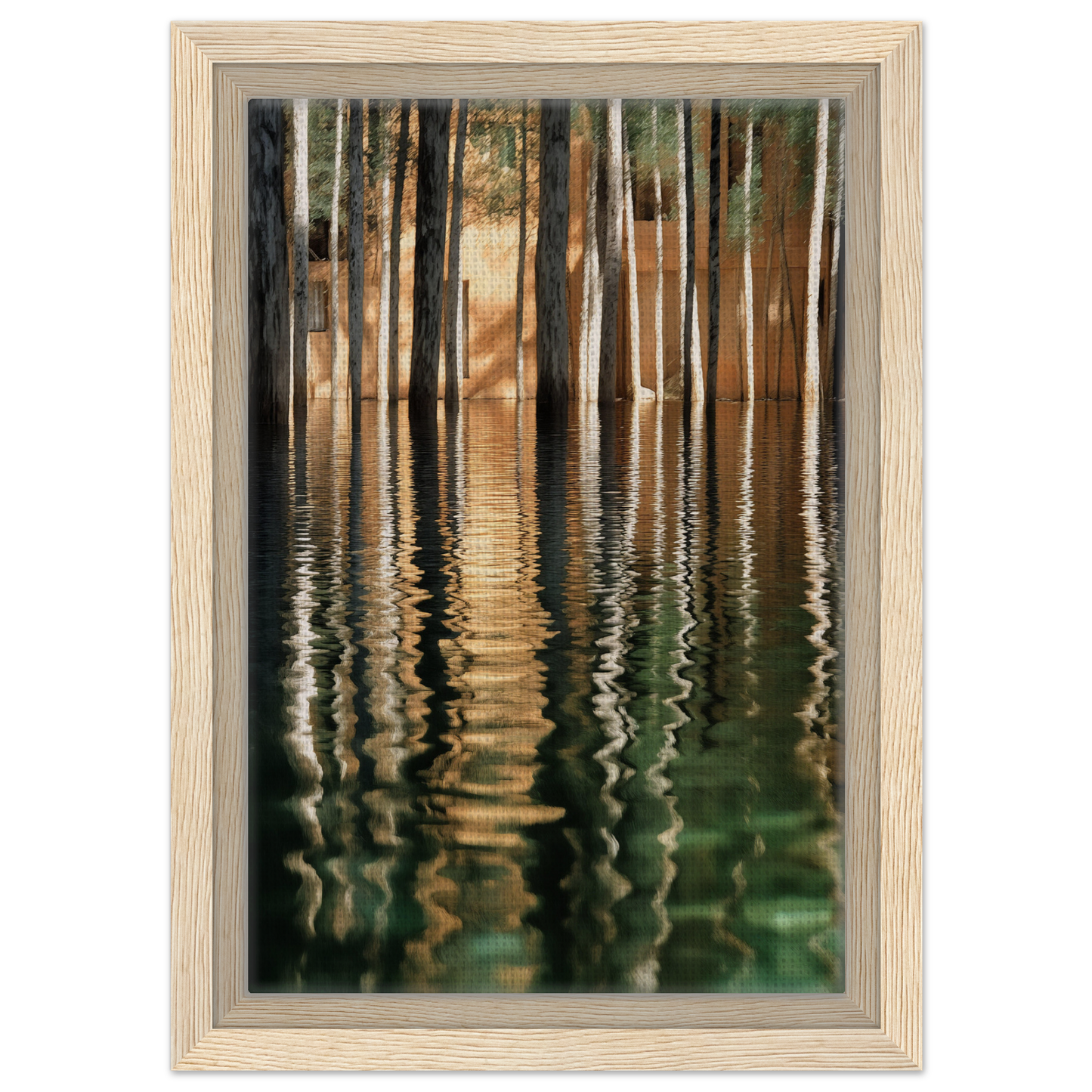 Framed canvas wall artwork of tree reflections in still water, Duality Evolved Sylvan