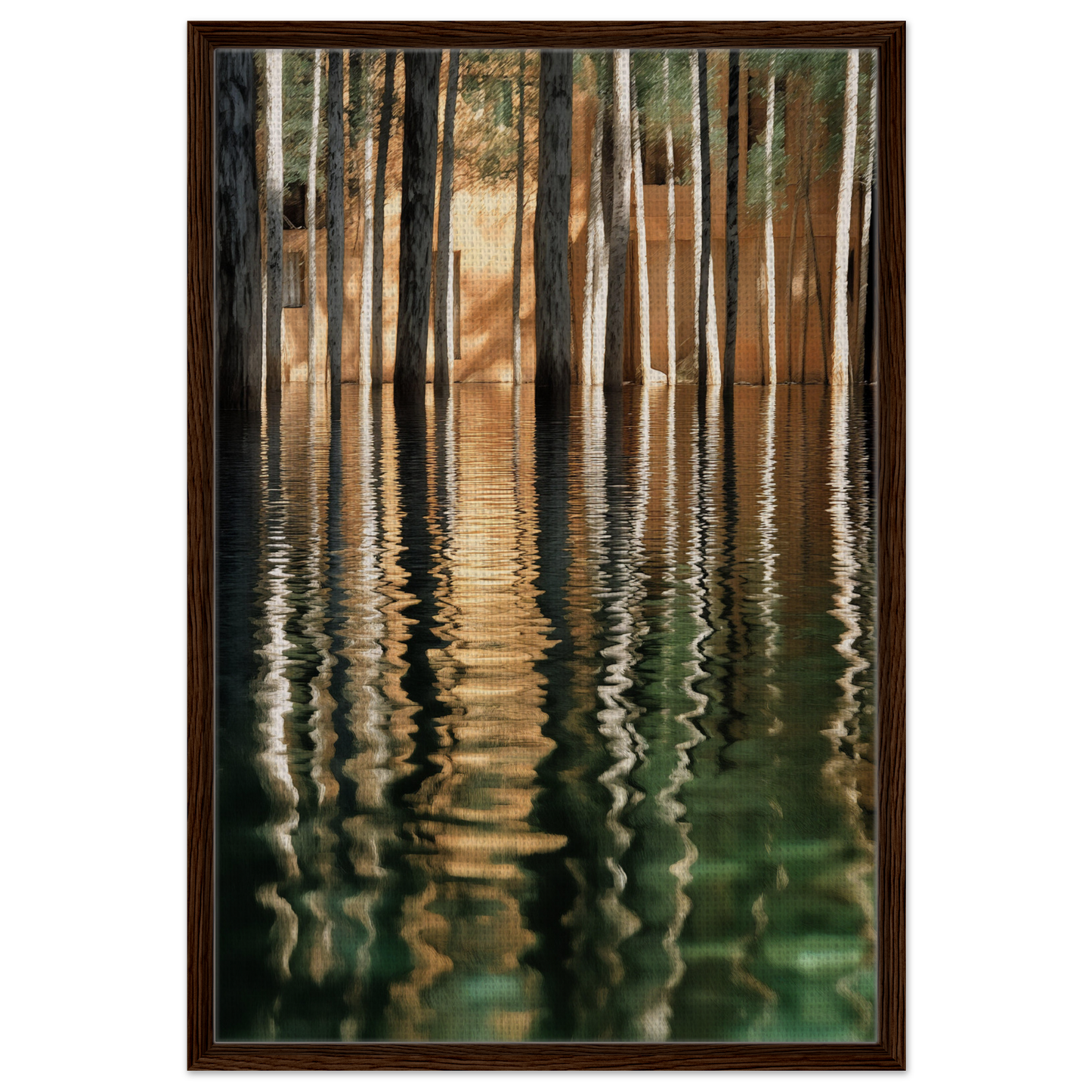 Framed canvas wall art of tree reflections in water for elegant room decor, Duality Evolved Sylvan